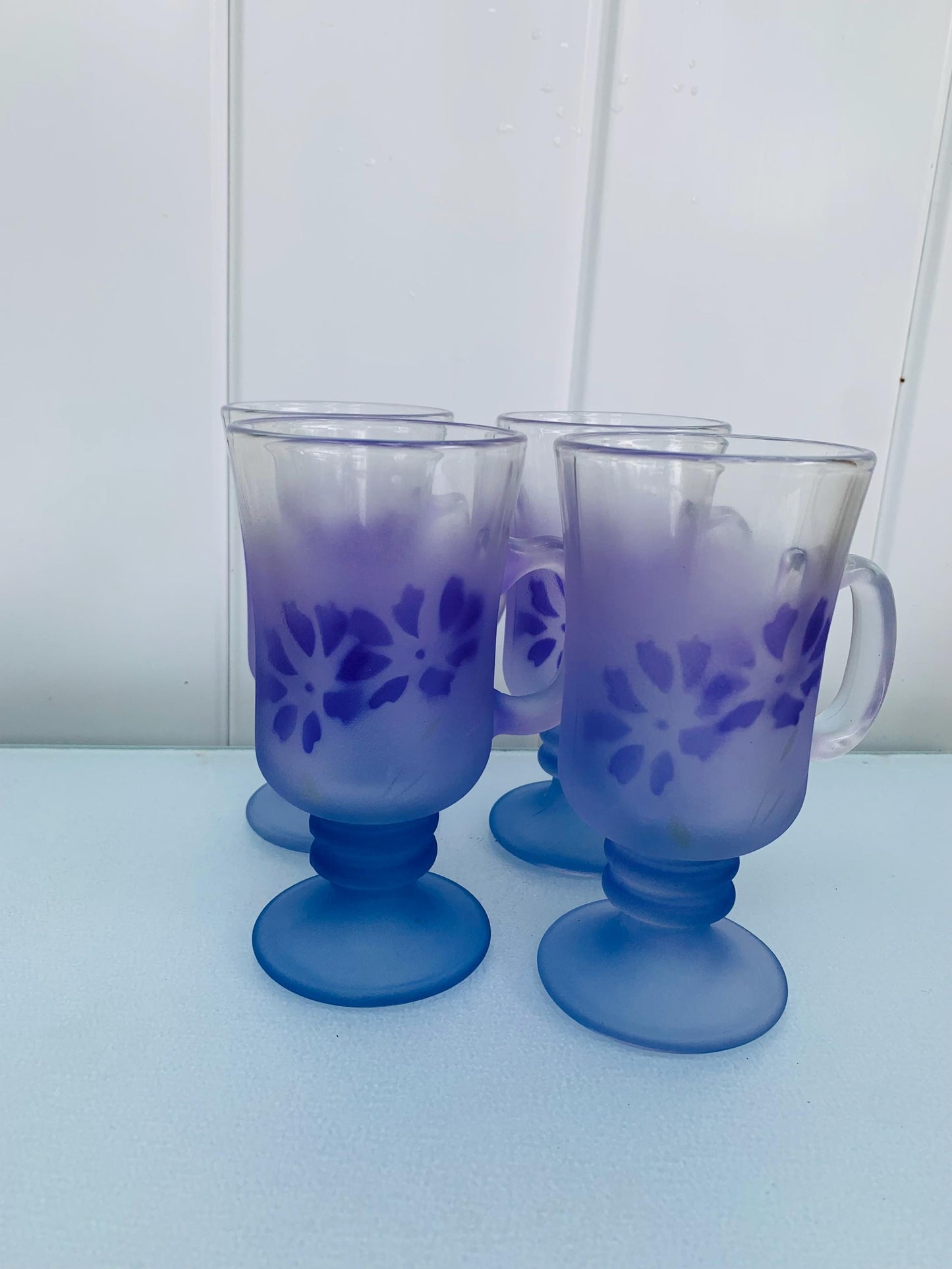 Set of 4 Retro Violet Frosted Chevrier Pettigrew Glass Pedestal Mugs