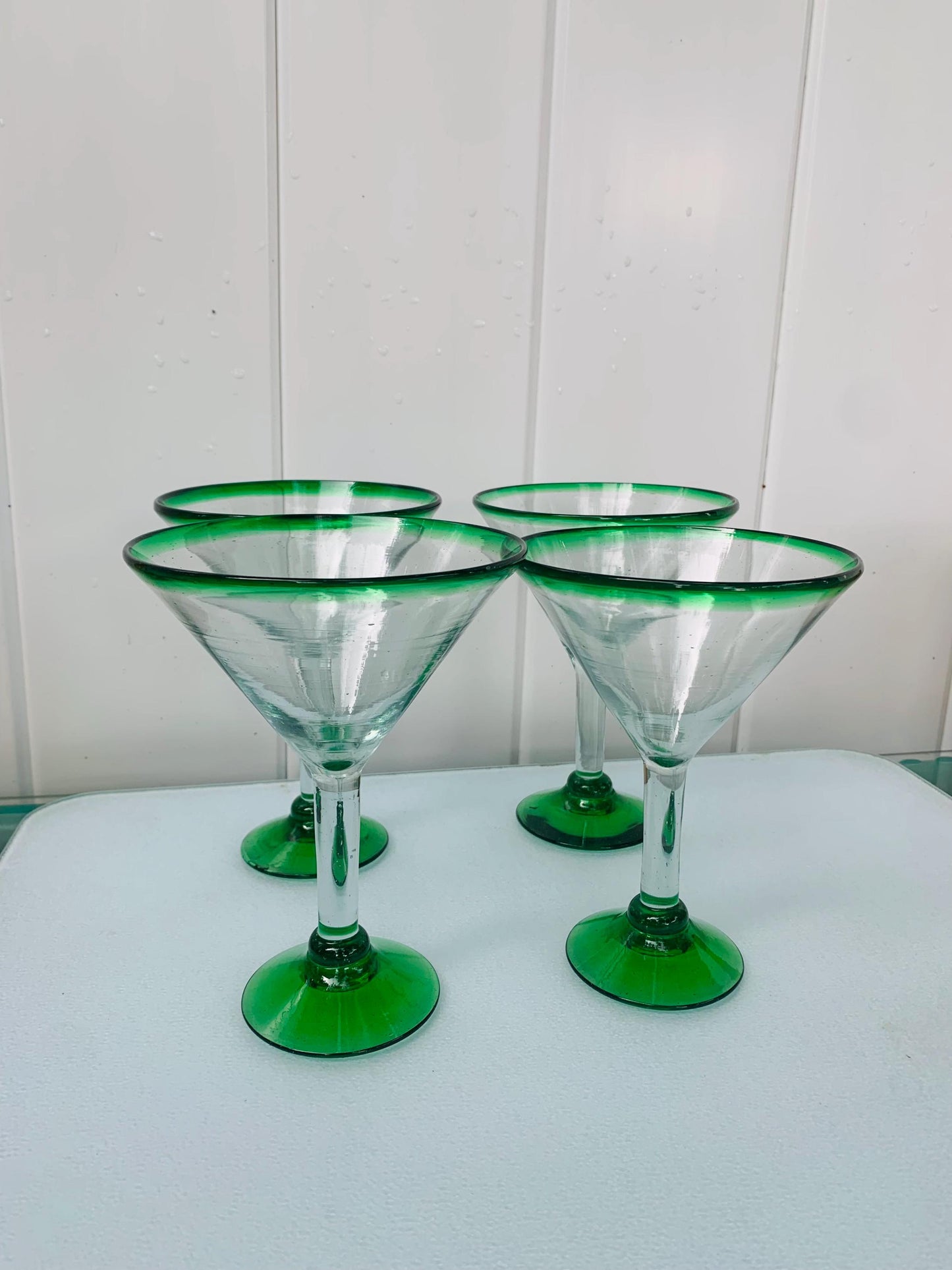 Retro Set of 4 Hand-Made Mexican Green Rimmed Martini Glasses
