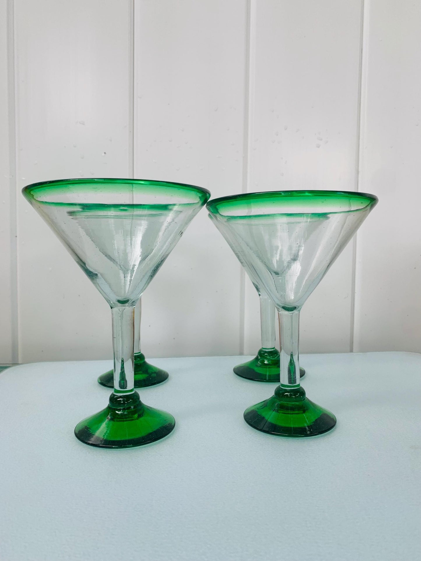 Retro Set of 4 Hand-Made Mexican Green Rimmed Martini Glasses