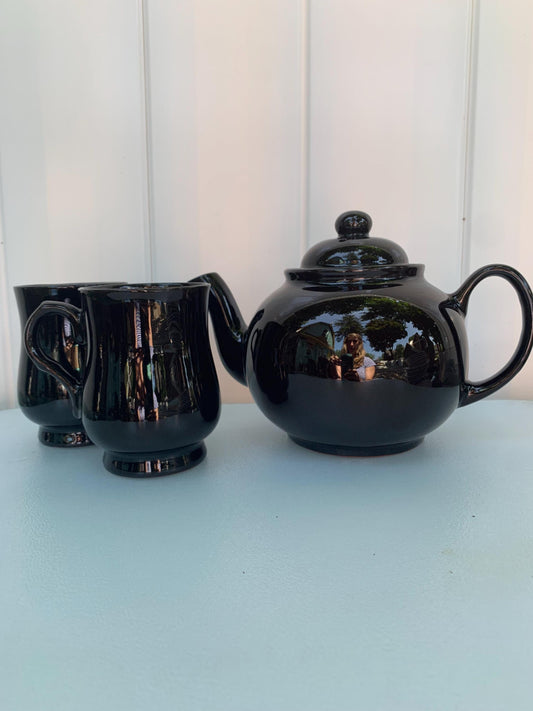 Vintage Deep Chocolate CauldonPottery Teapot and Pair of Mugs Made in England