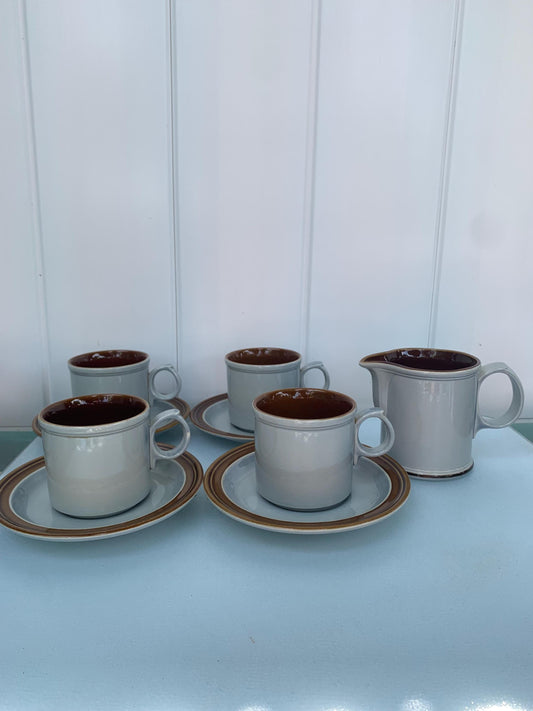 Vintage Johnson Bros Set of 4 Light Blue and Dark Brown Cups and Saucers with Creamer Made in England