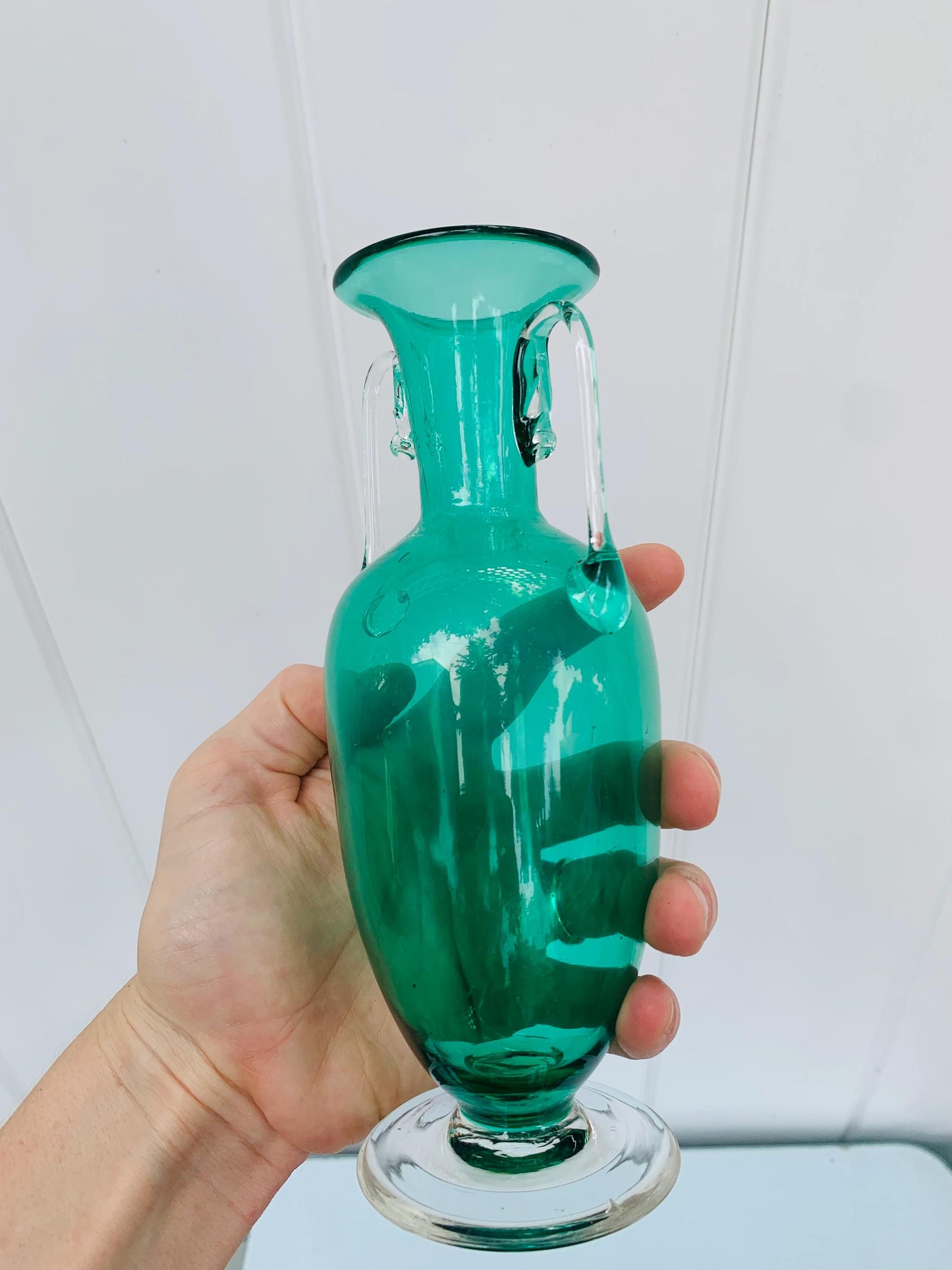 Vintage Small Handblown Jade Glass Double Handle Vase
