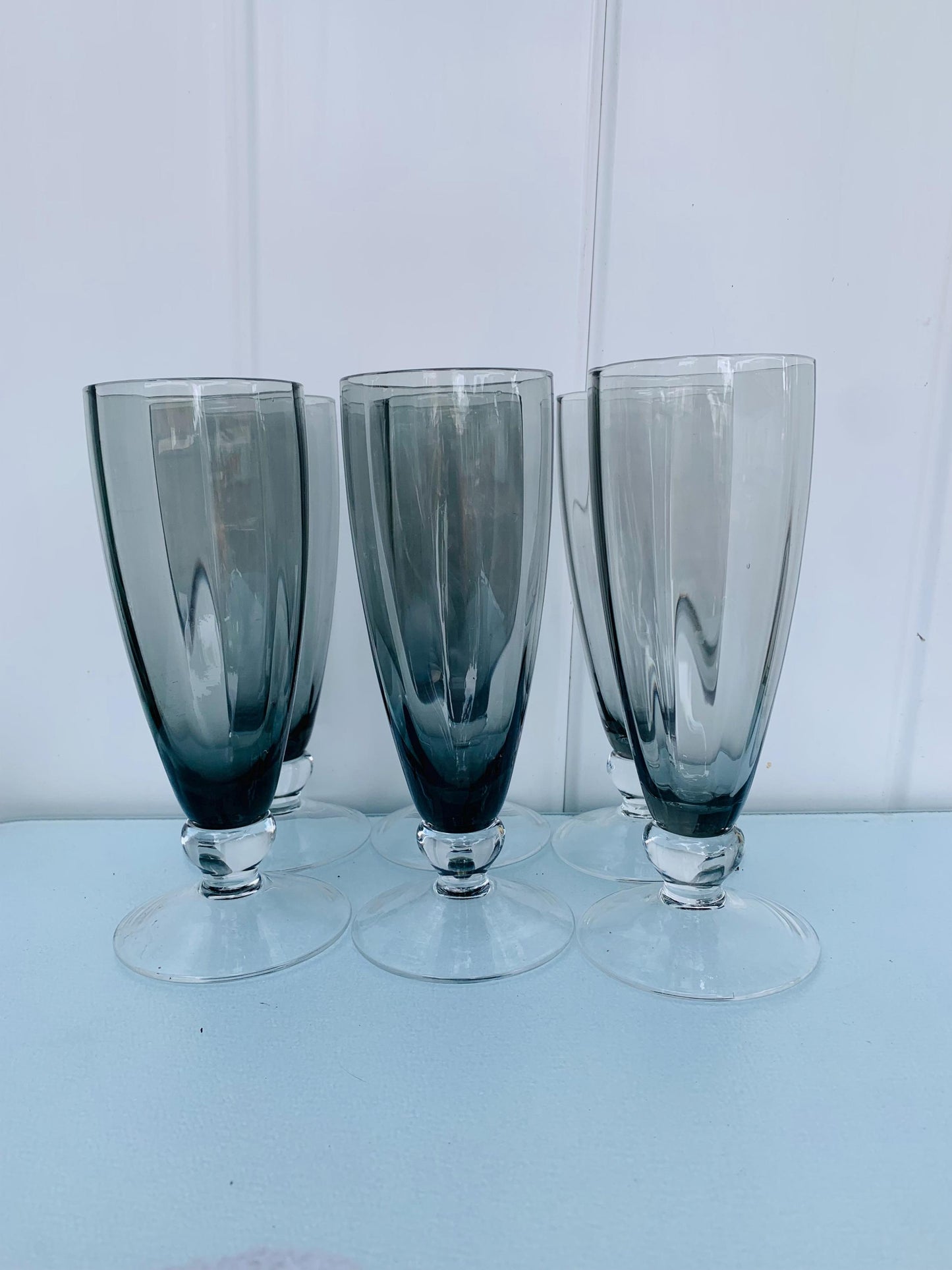 Set of 6 MCM Short Smokey Gray Footed Highball Glasses
