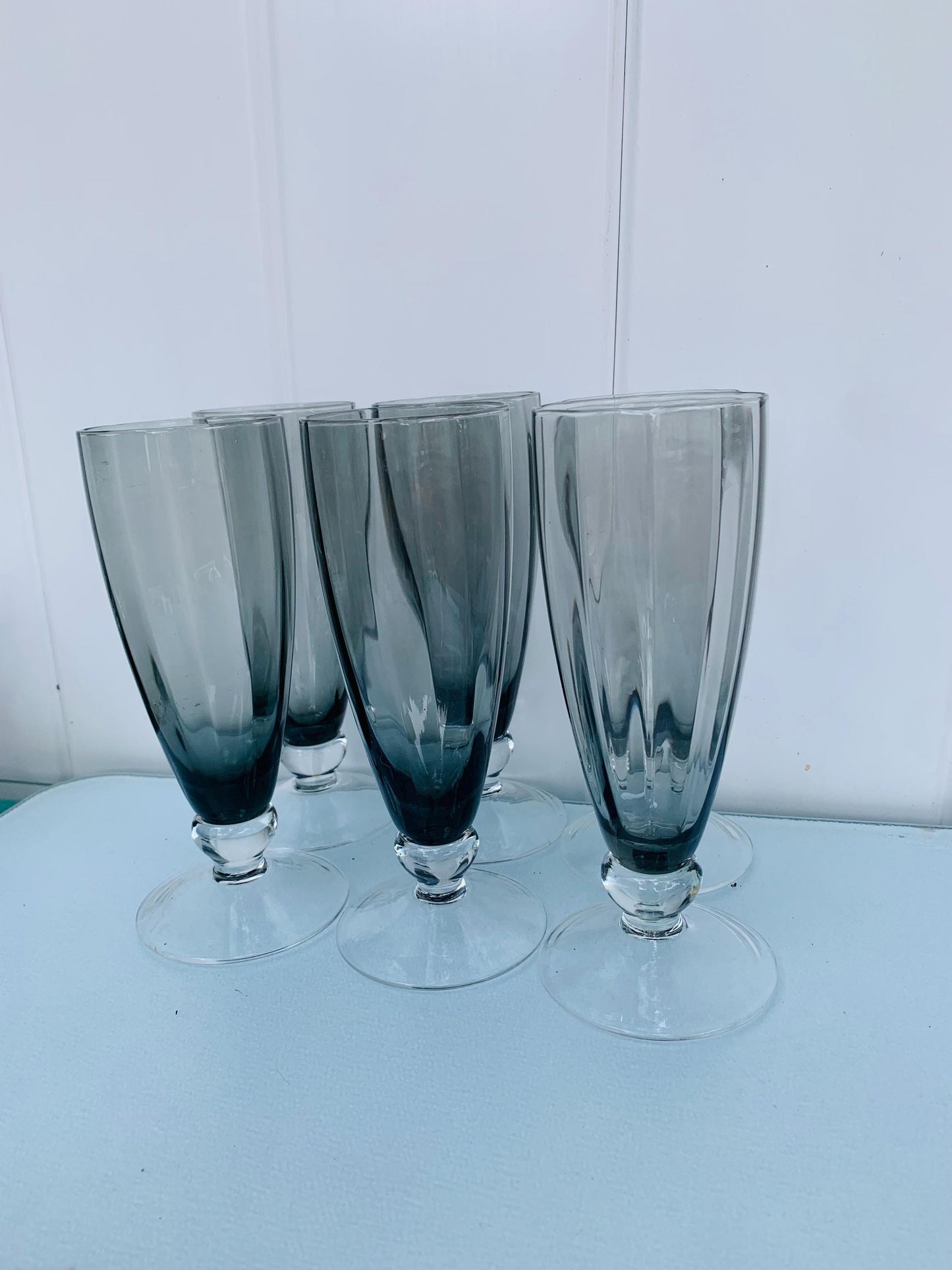 Set of 6 MCM Short Smokey Gray Footed Highball Glasses