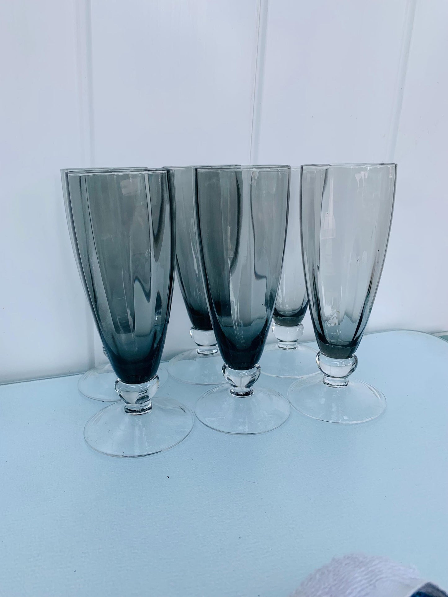 Set of 6 MCM Short Smokey Gray Footed Highball Glasses