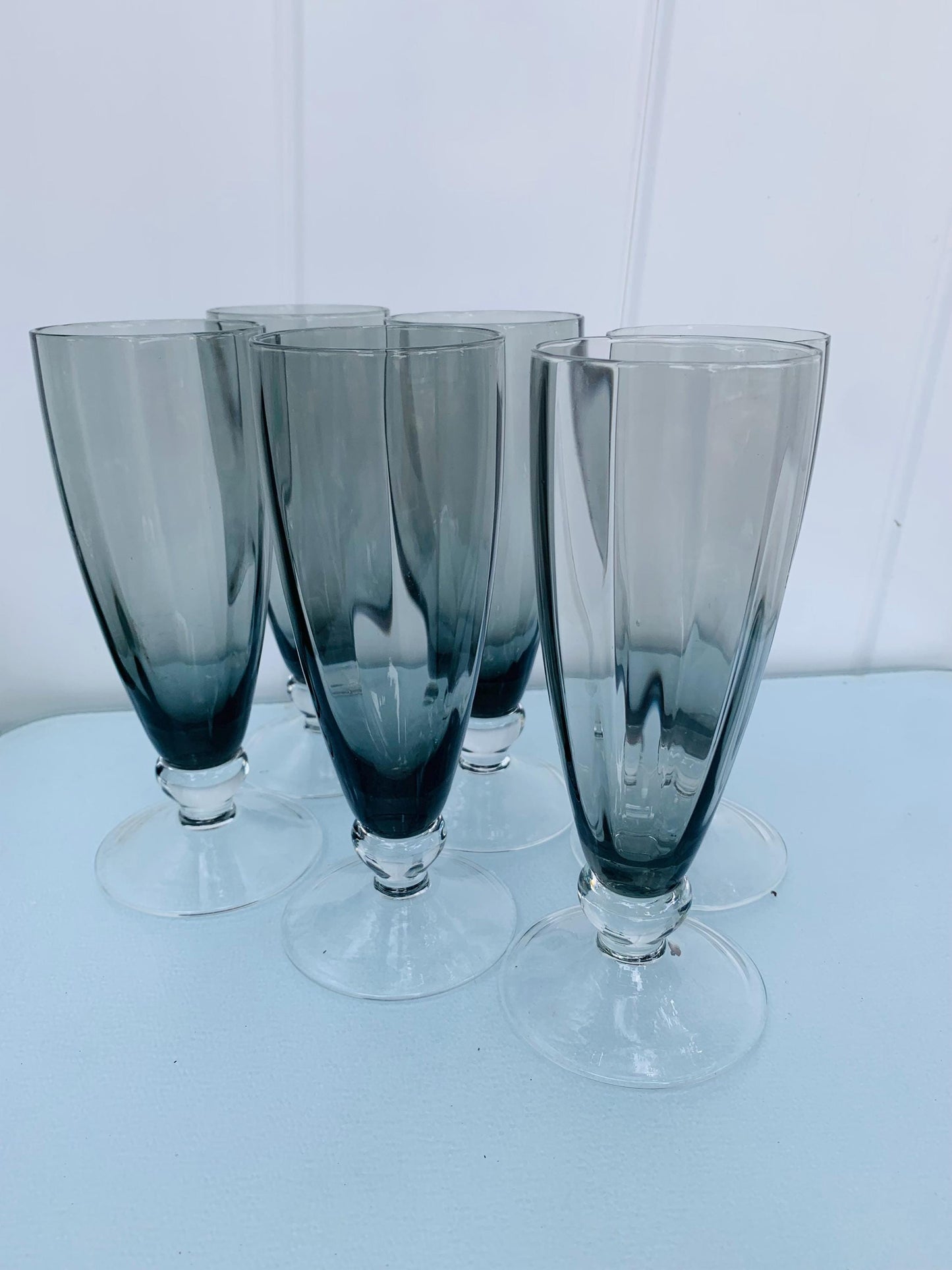 Set of 6 MCM Short Smokey Gray Footed Highball Glasses