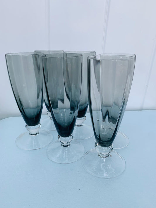 Set of 6 MCM Short Smokey Gray Footed Highball Glasses