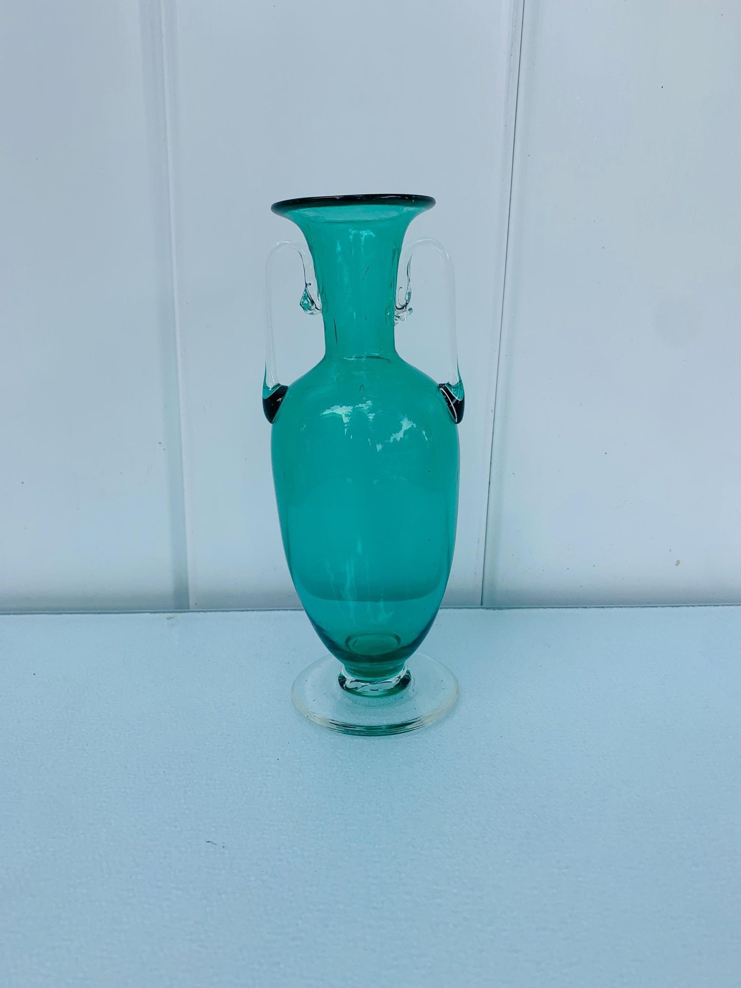 Vintage Small Handblown Jade Glass Double Handle Vase