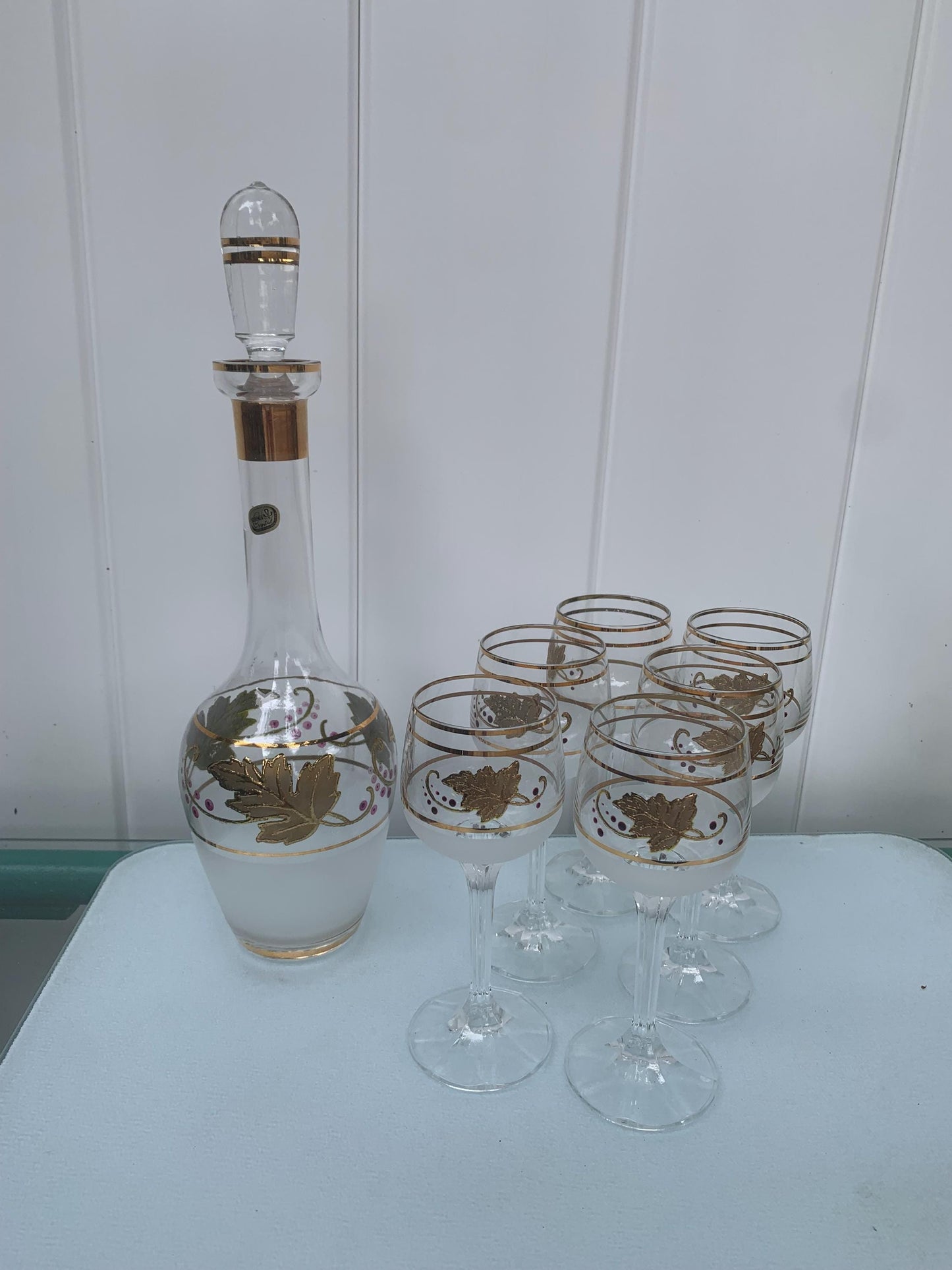 Vintage Set of Bohemia Crystal Decanter with 6 Satin Glasses and Gold Wine Glasses