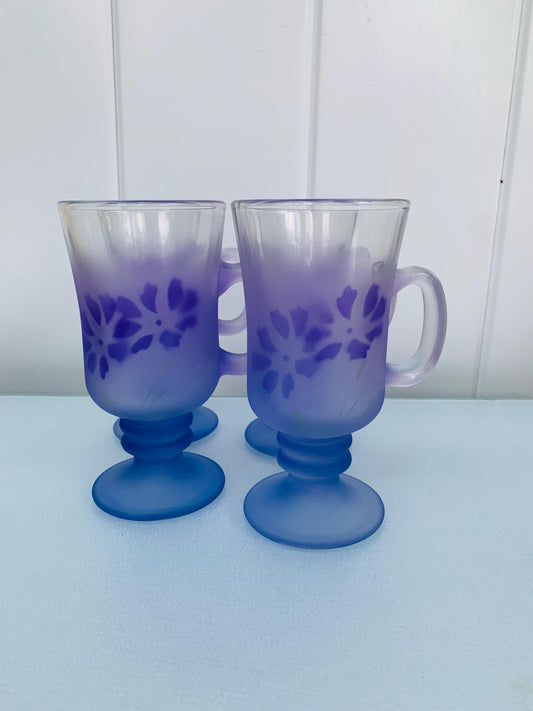 Set of 4 Retro Violet Frosted Chevrier Pettigrew Glass Pedestal Mugs