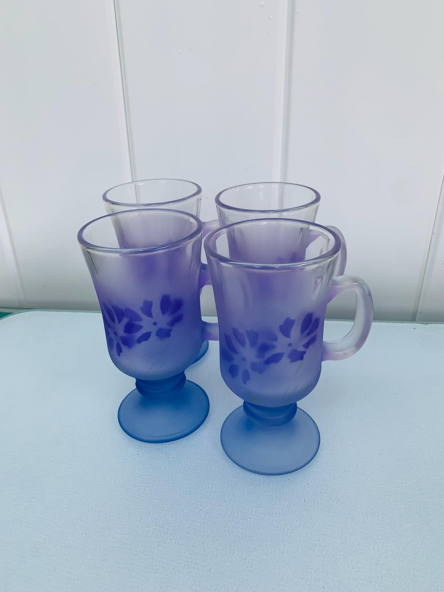 Set of 4 Retro Violet Frosted Chevrier Pettigrew Glass Pedestal Mugs