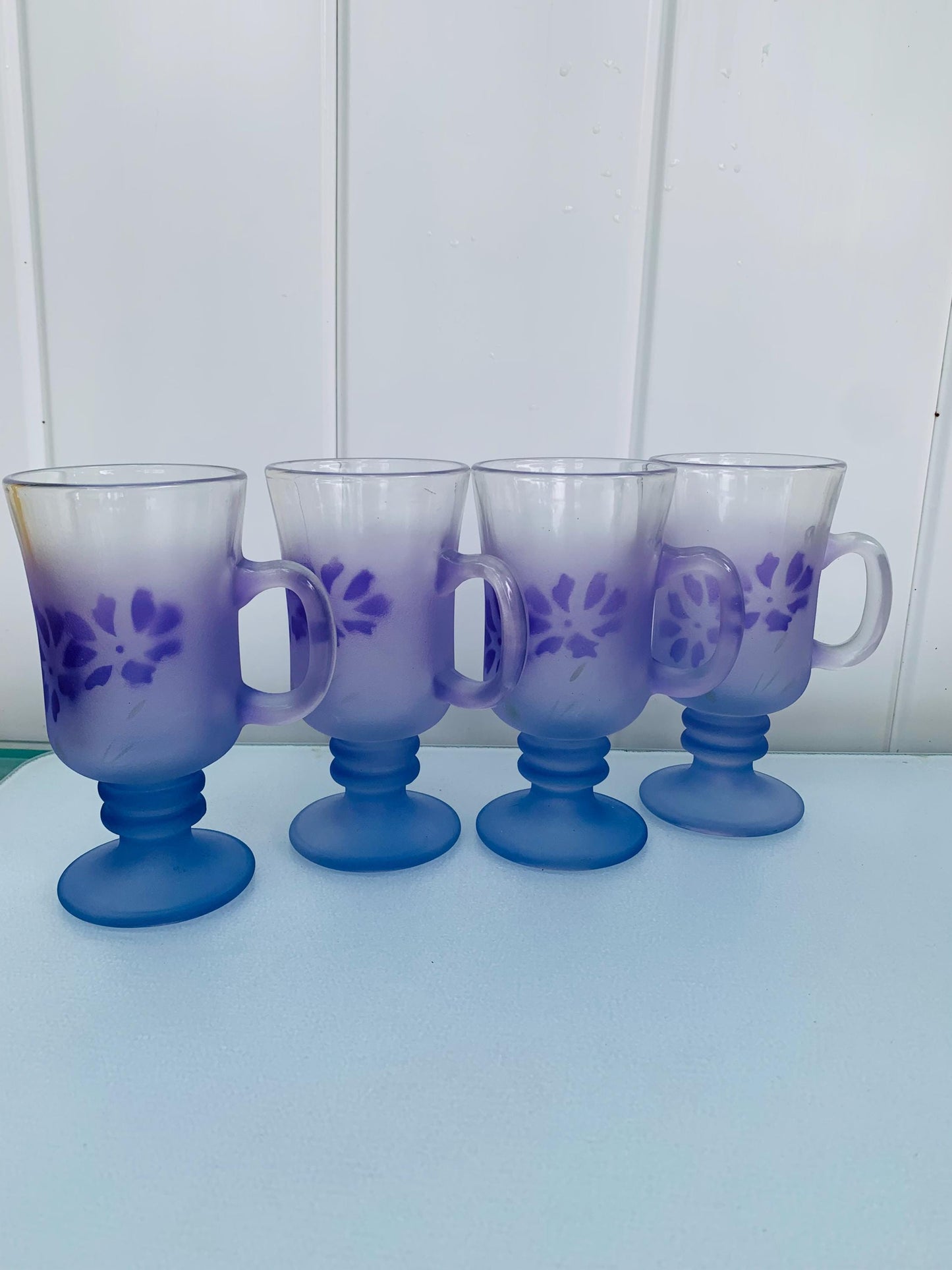 Set of 4 Retro Violet Frosted Chevrier Pettigrew Glass Pedestal Mugs