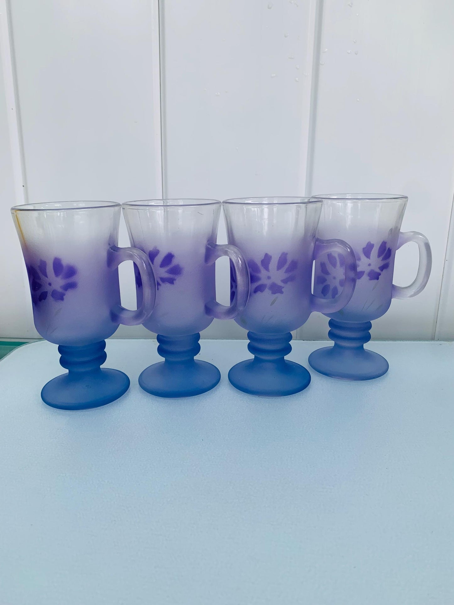 Set of 4 Retro Violet Frosted Chevrier Pettigrew Glass Pedestal Mugs