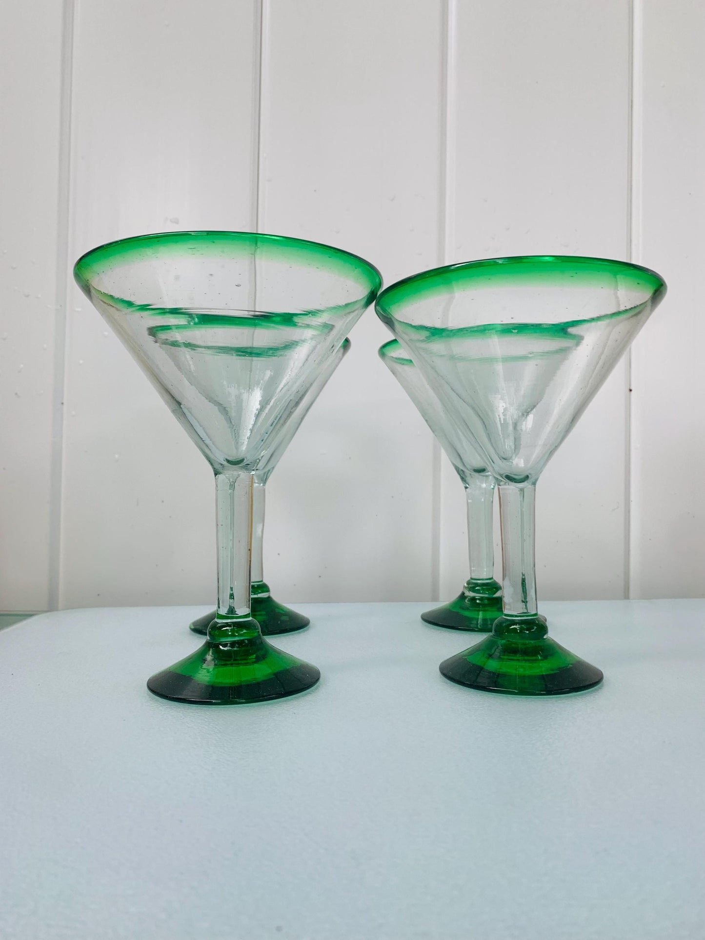 Retro Set of 4 Hand-Made Mexican Green Rimmed Martini Glasses
