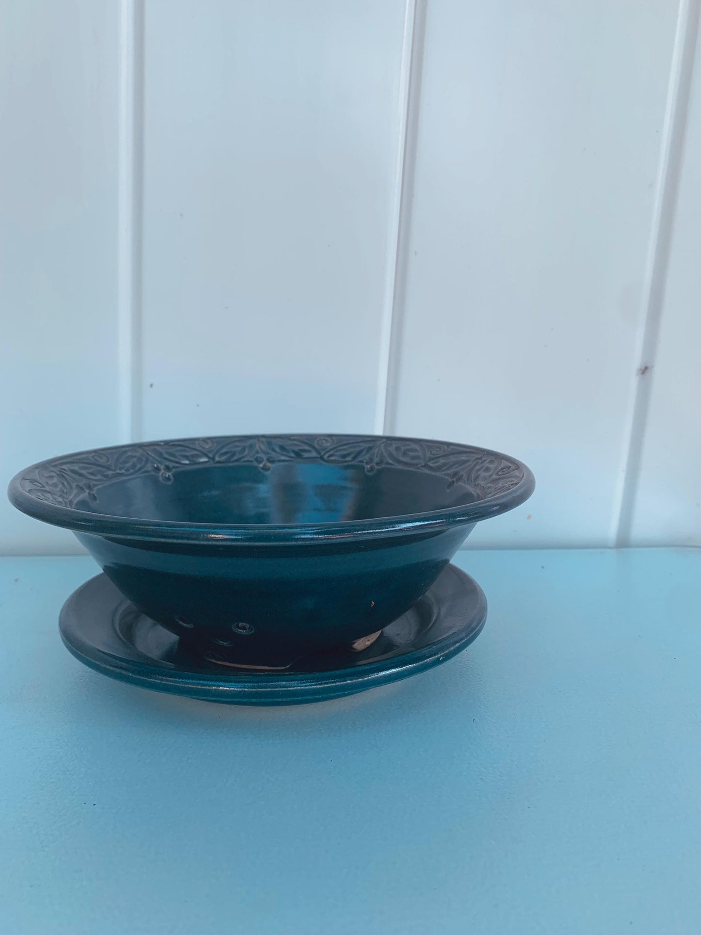 Pair of Studio Pottery Blue Sieve Bowl & Plate Pottery Set