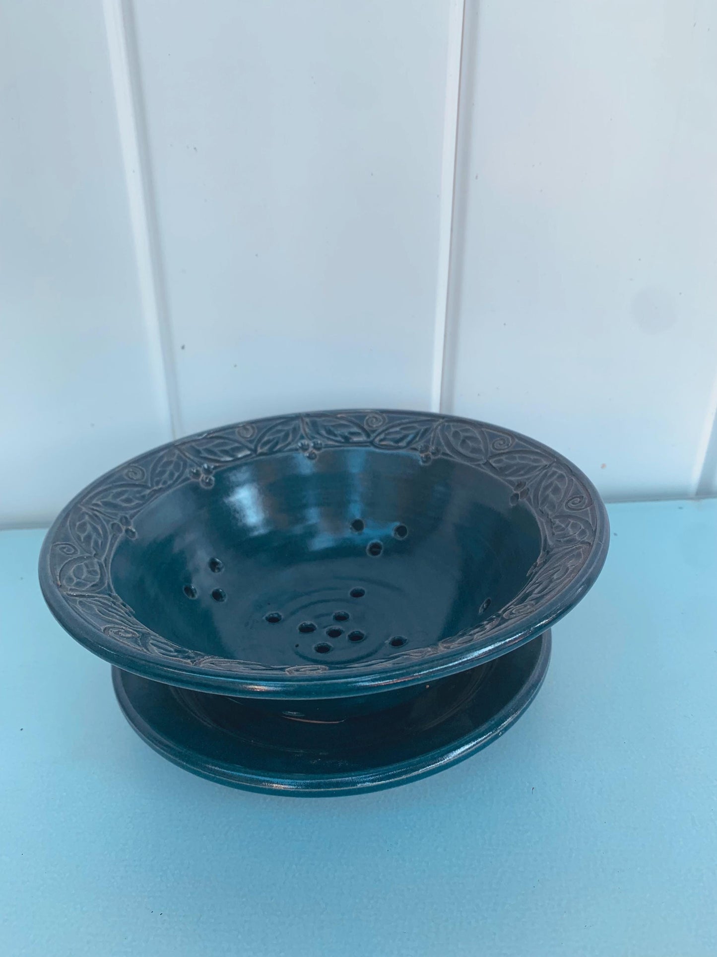 Pair of Studio Pottery Blue Sieve Bowl & Plate Pottery Set