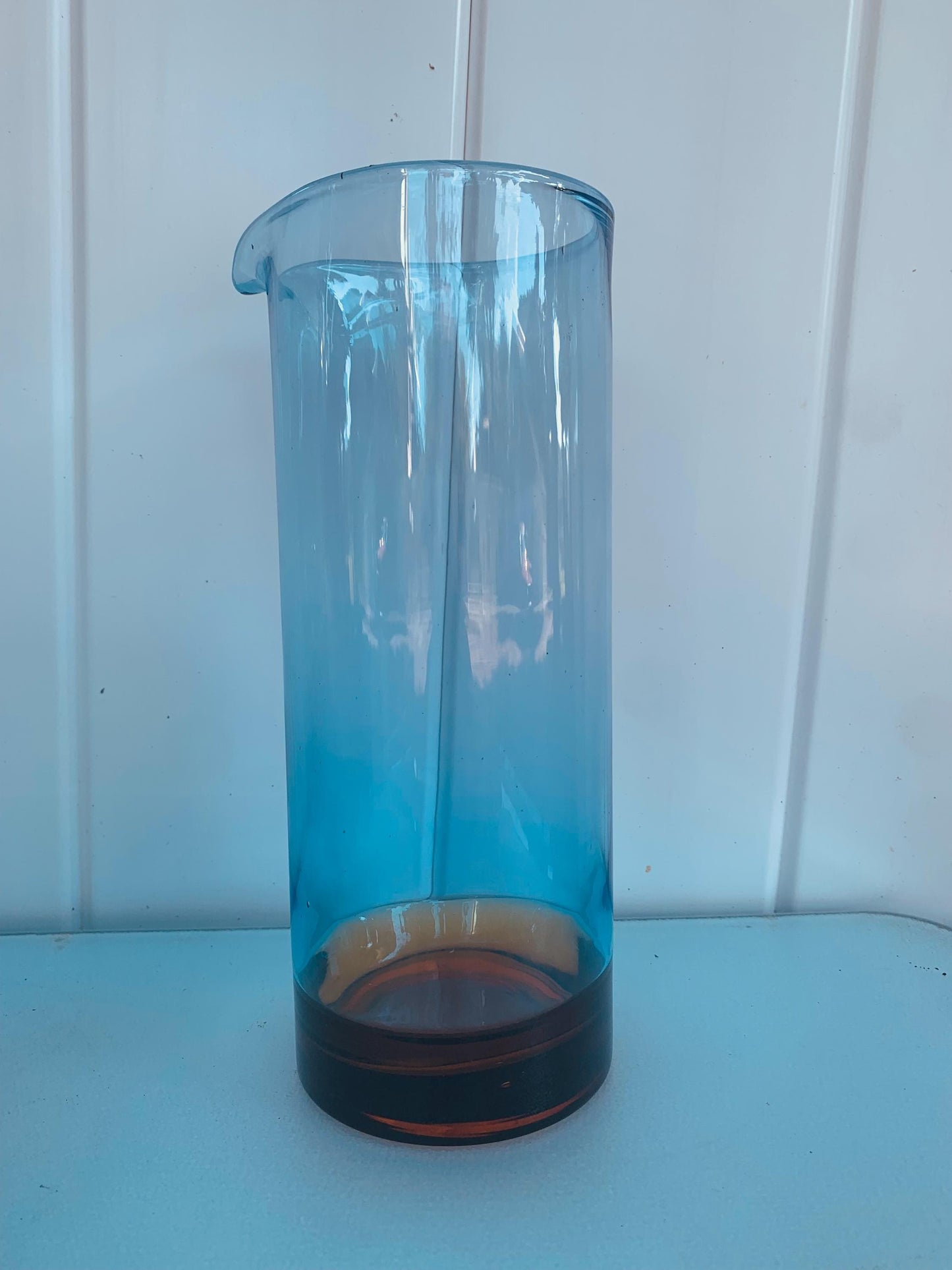 Tall Retro Blue Glass Martini Pitcher with Brown Base