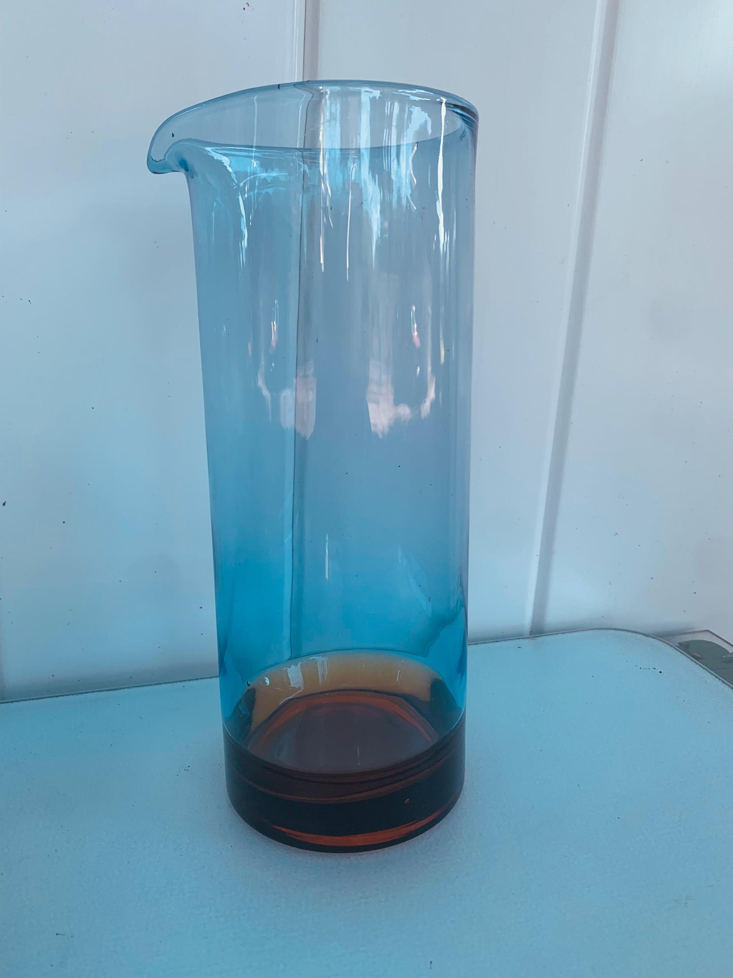 Tall Retro Blue Glass Martini Pitcher with Brown Base