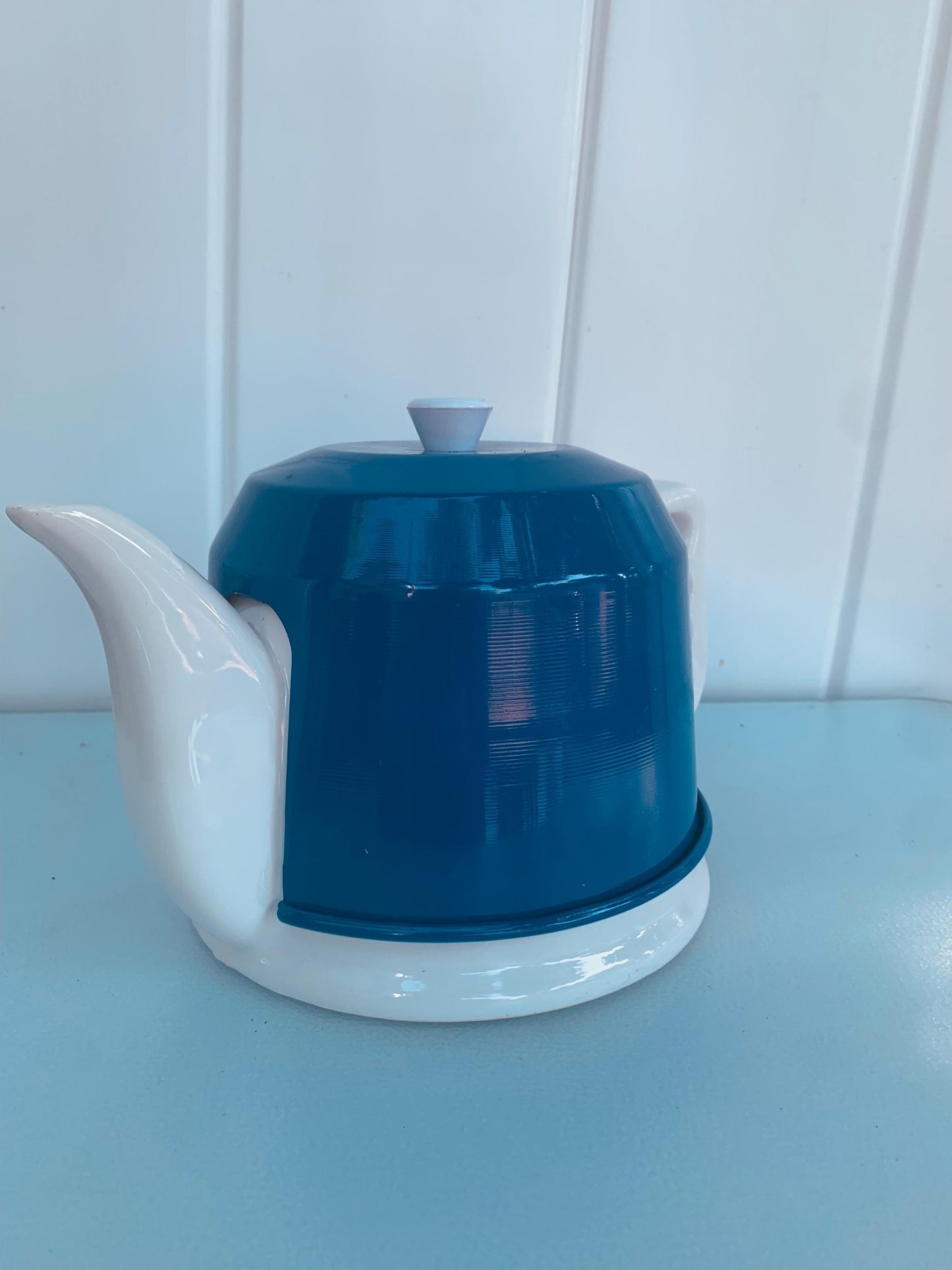 Vintage White Ceramic Teapot with  Removable Blush Coloured Metal Insulator Cover