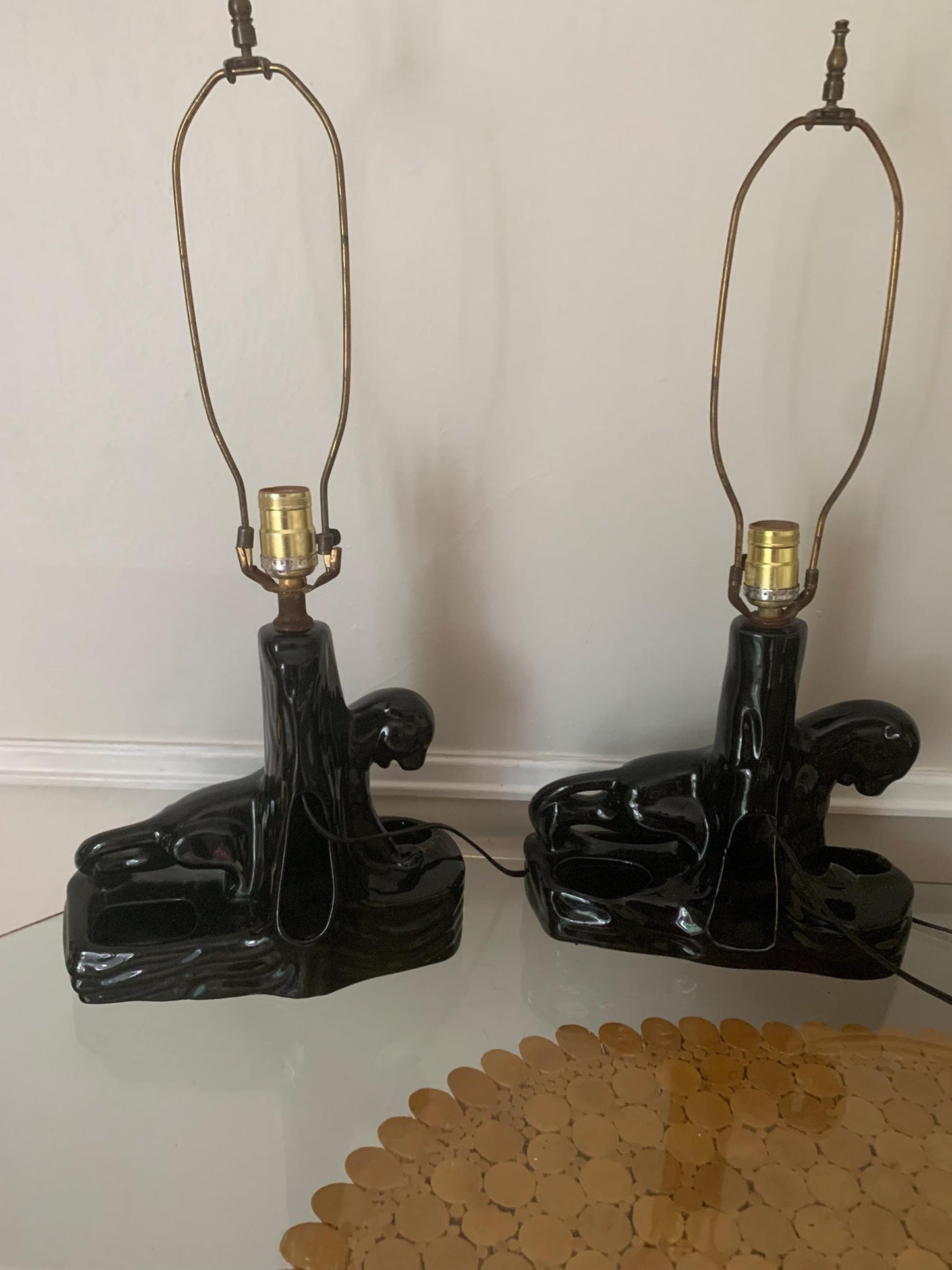 Pair of  Mid-Century Ceramic Black Panther Planter Lamps No Shades