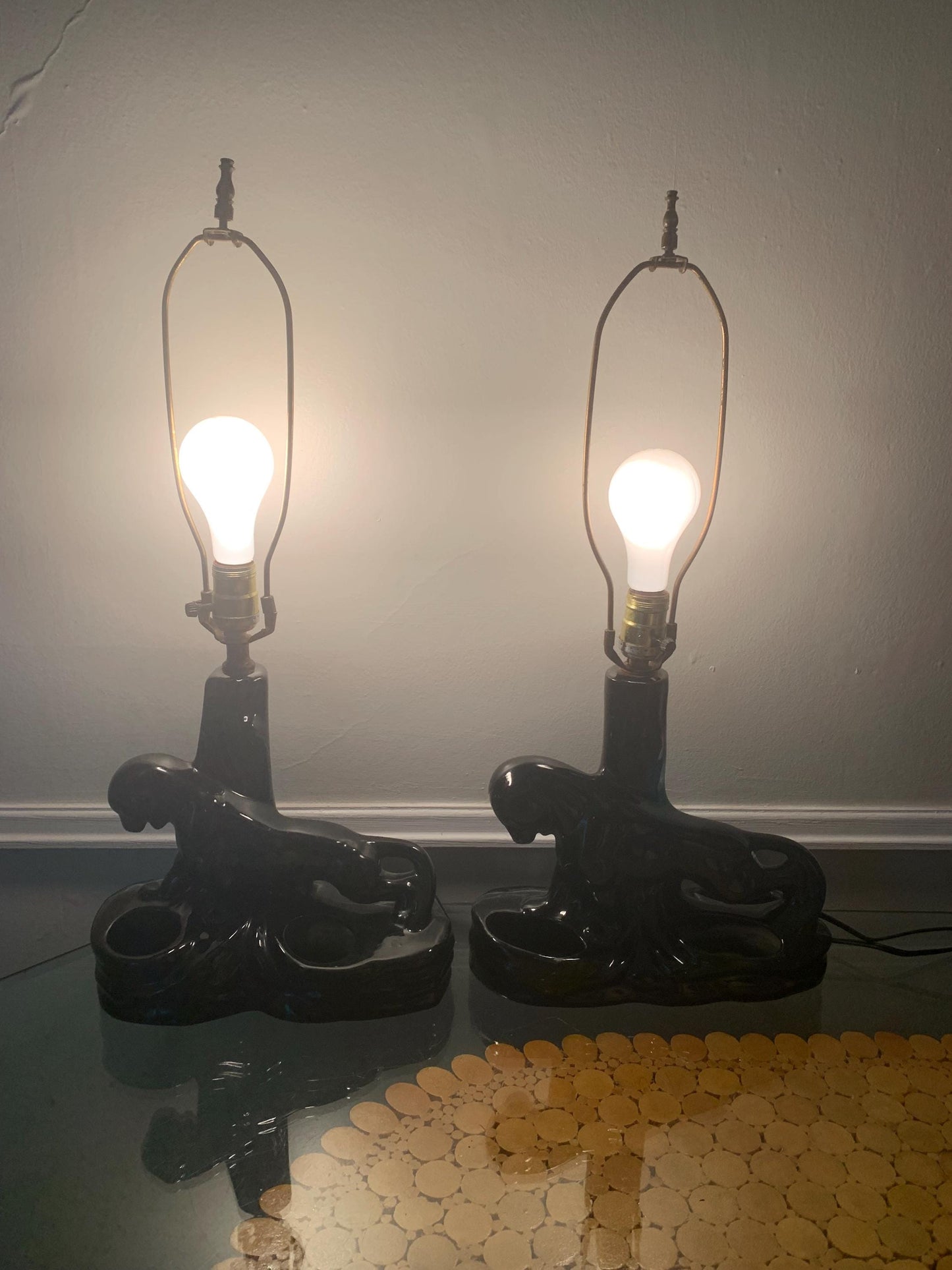 Pair of  Mid-Century Ceramic Black Panther Planter Lamps No Shades