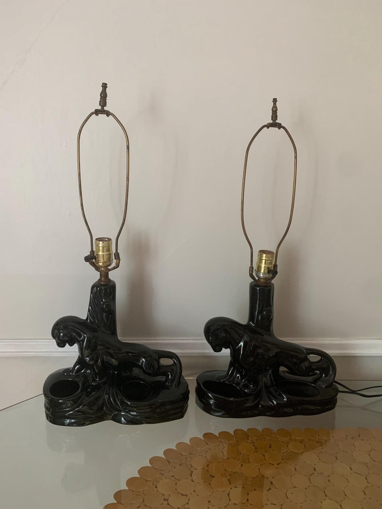 Pair of  Mid-Century Ceramic Black Panther Planter Lamps No Shades