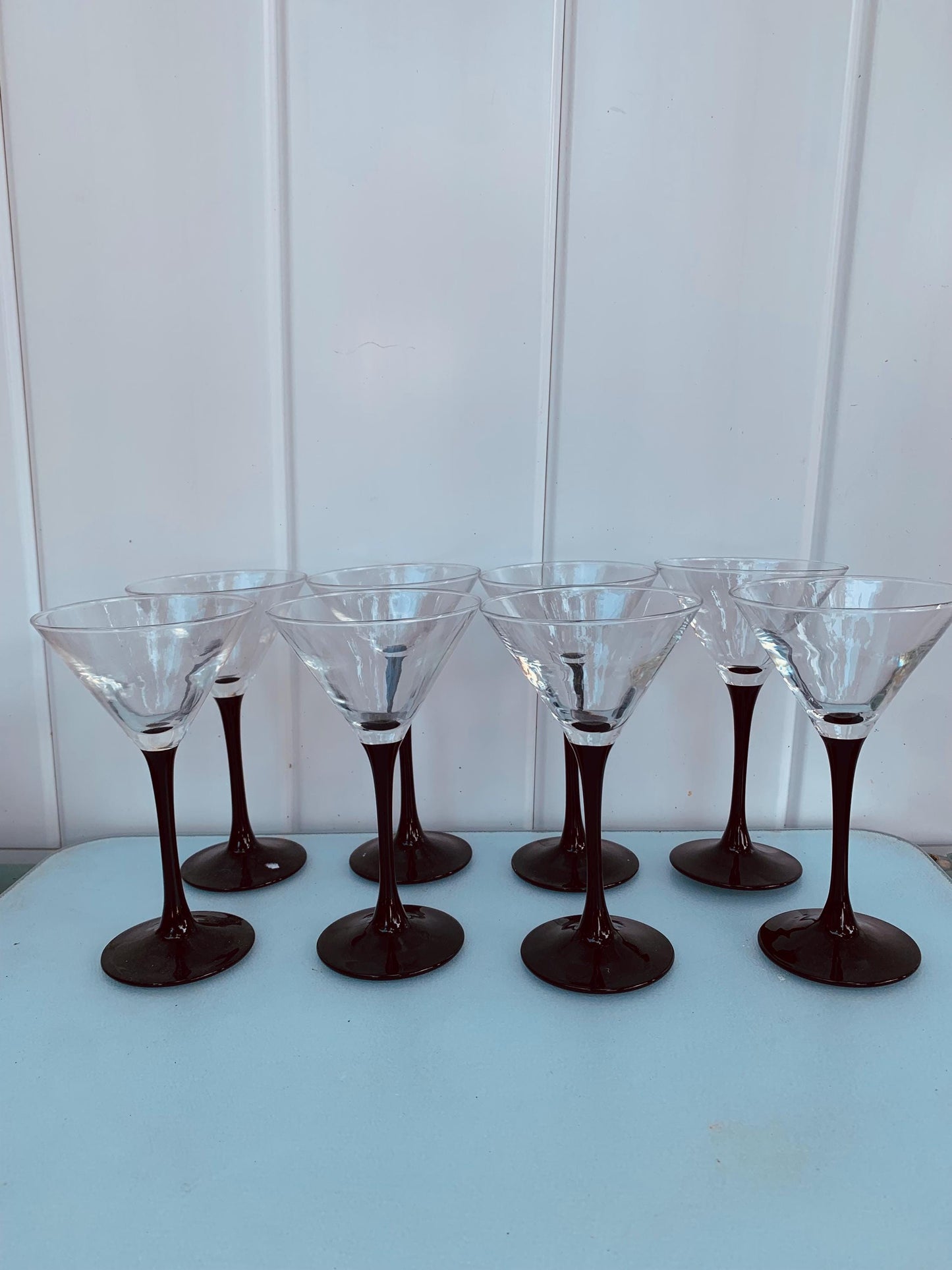 Retro Set of 8 Black Stem Petite Martini Glasses Made in France