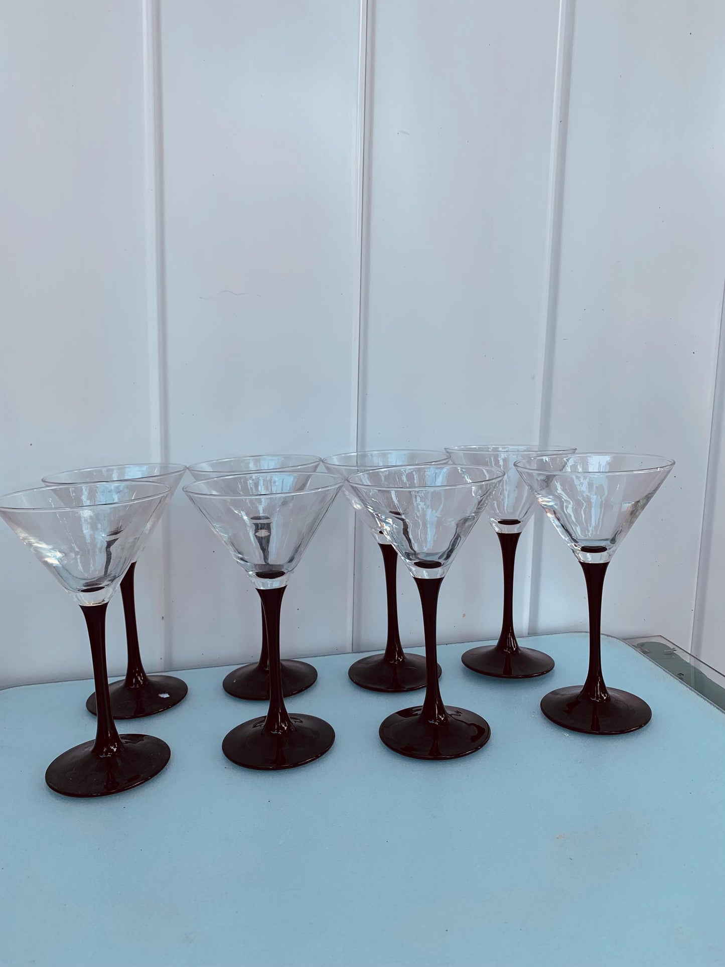 Retro Set of 8 Black Stem Petite Martini Glasses Made in France