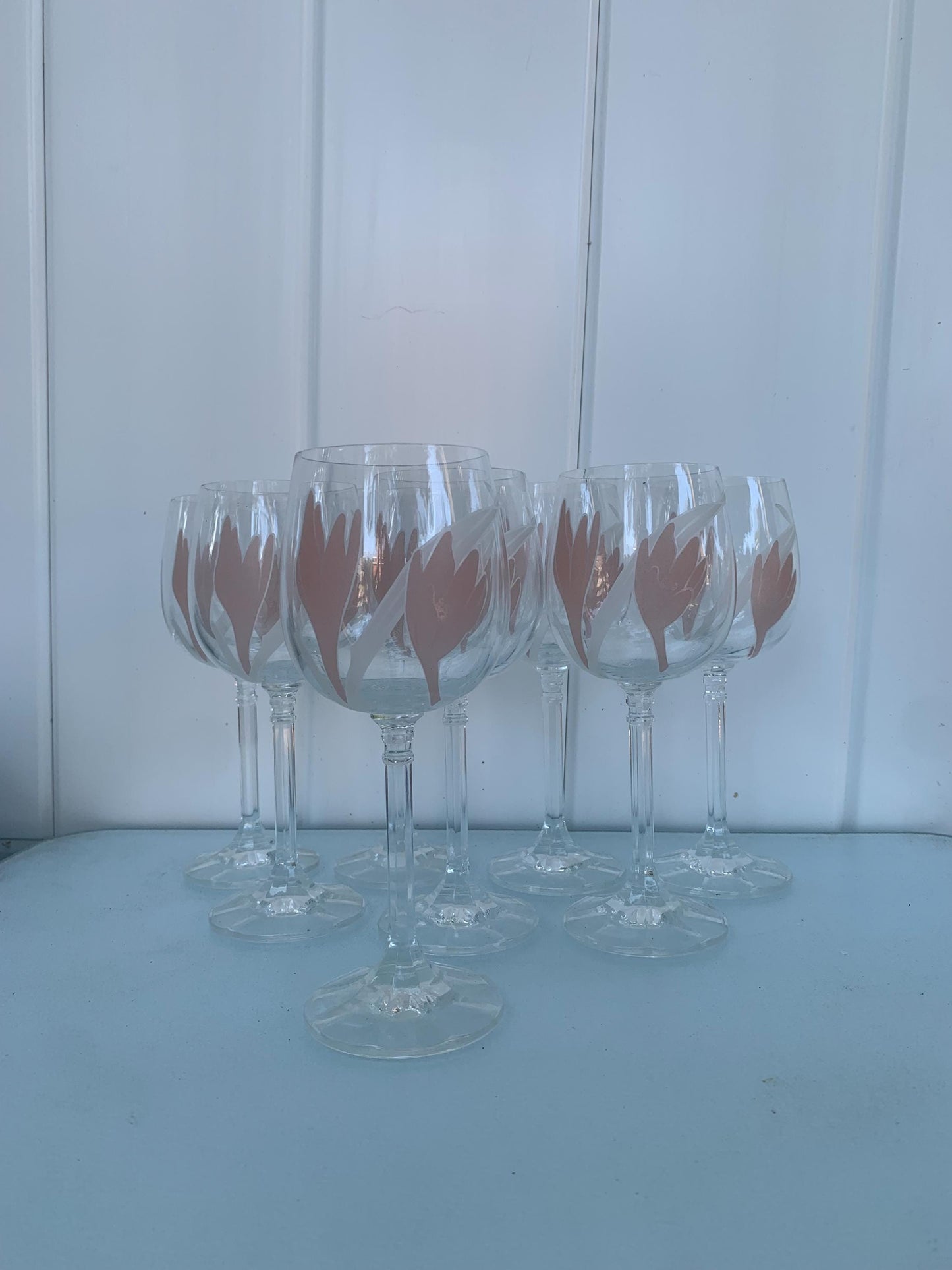Set of 8 Vintage Czechoslovakian Bohemian Hand Painted Pink Tulip Crystal Wine Glasses