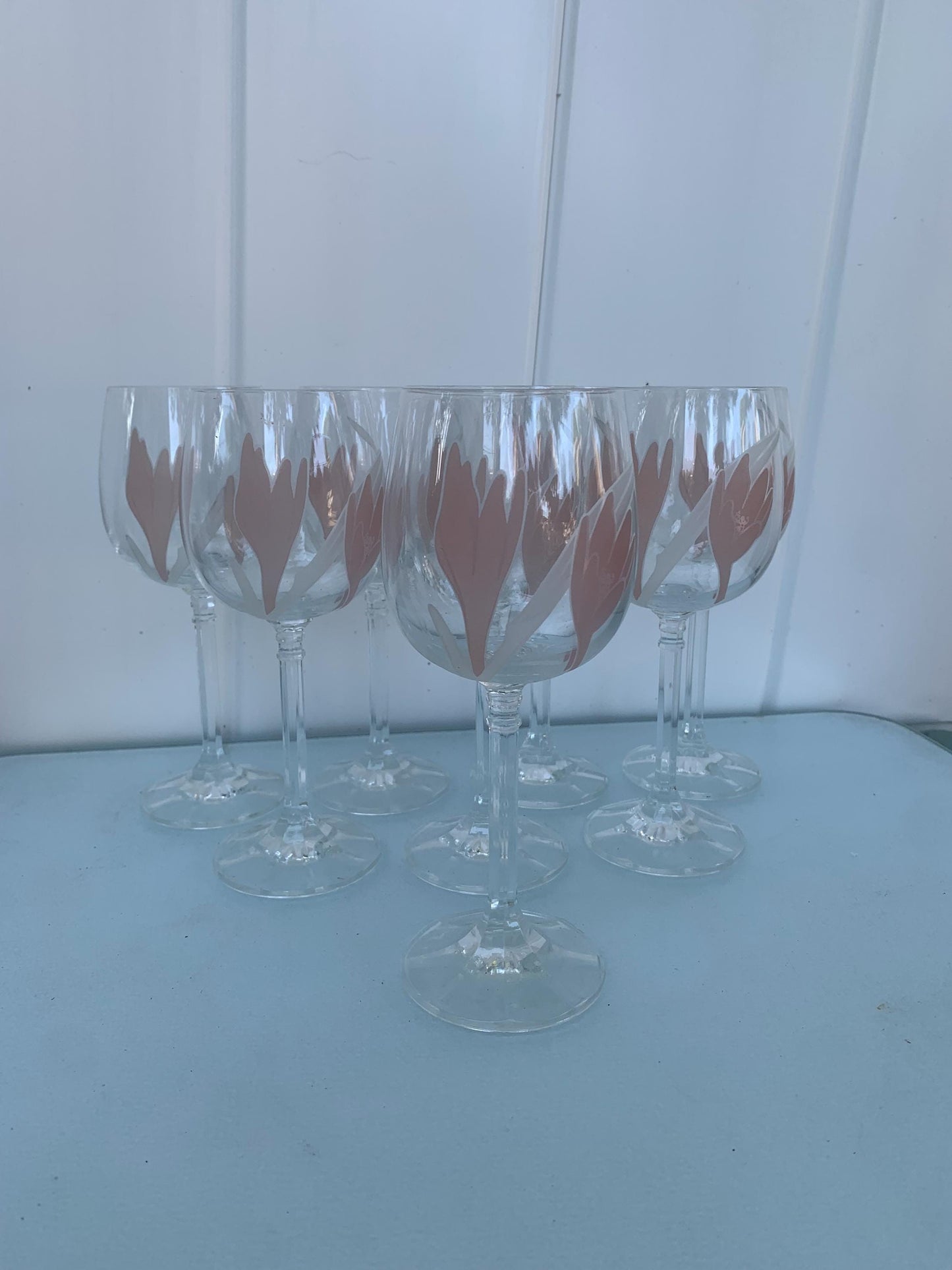 Set of 8 Vintage Czechoslovakian Bohemian Hand Painted Pink Tulip Crystal Wine Glasses