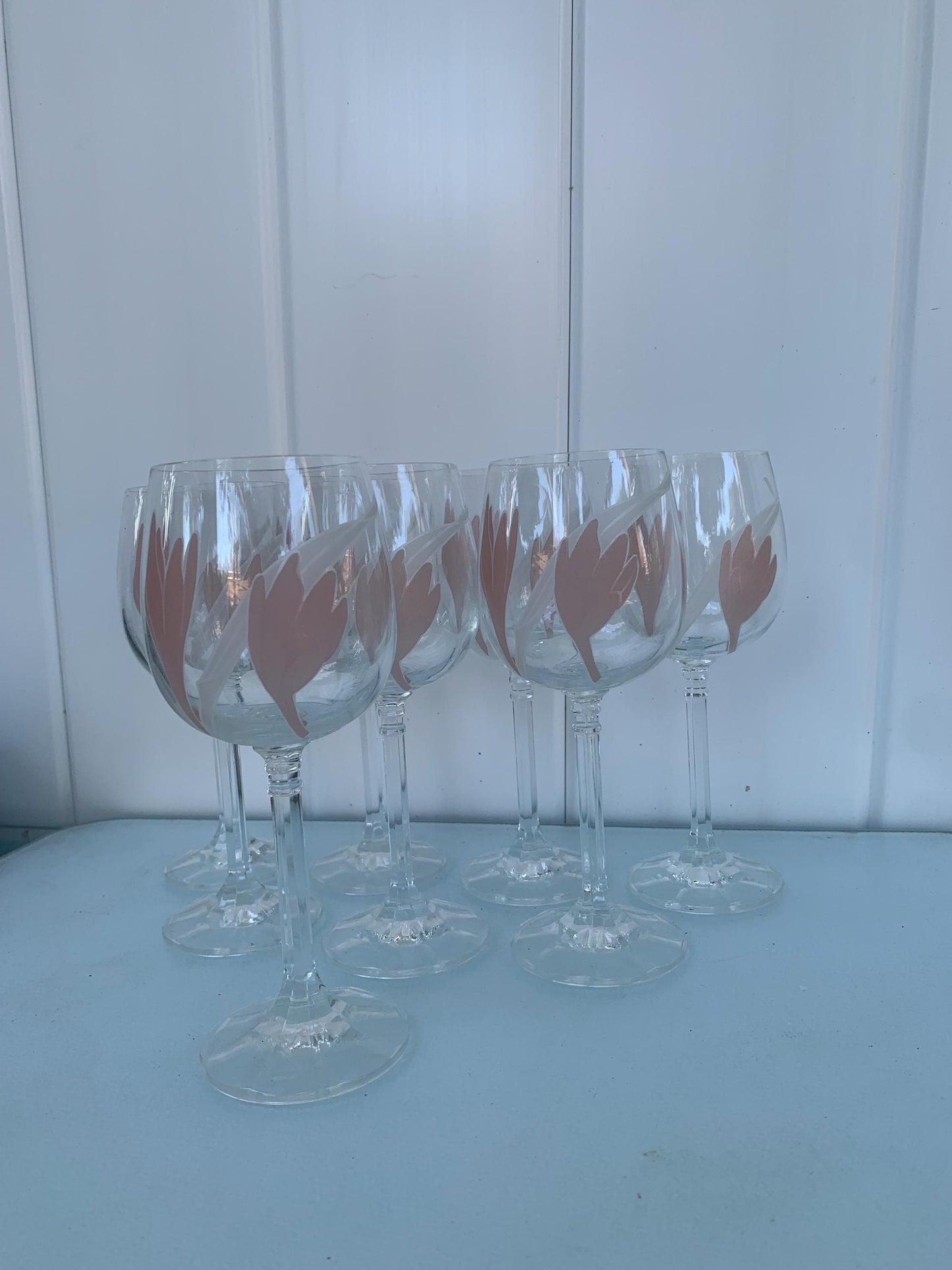 Set of 8 Vintage Czechoslovakian Bohemian Hand Painted Pink Tulip Crystal Wine Glasses