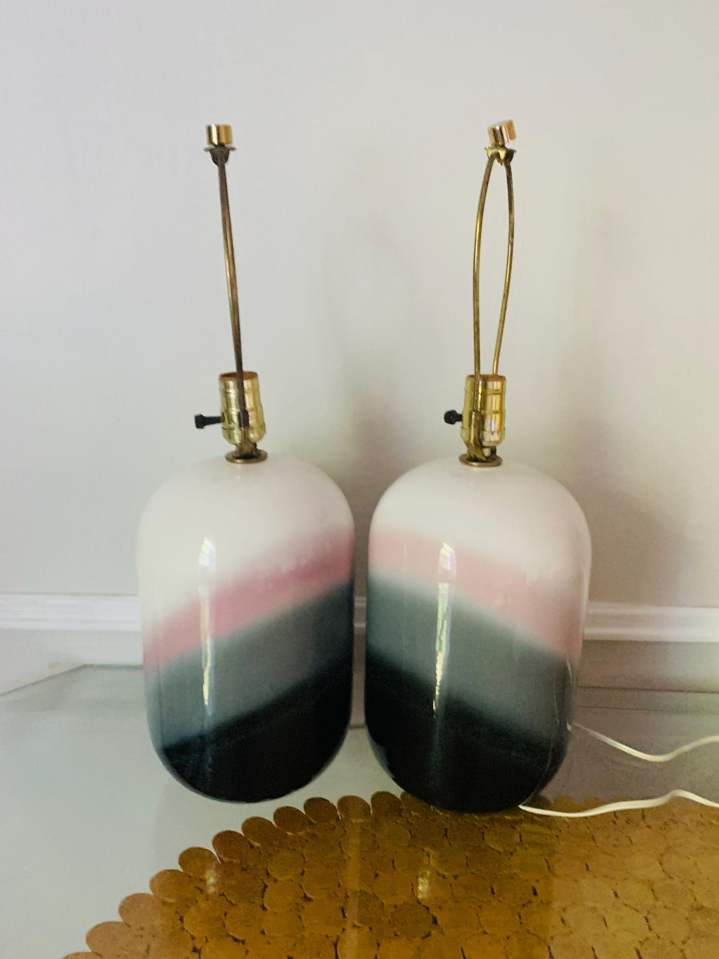 Pair of Retro Medium Pink Black and White Pill Shaped Ceramic Lamps No Shades