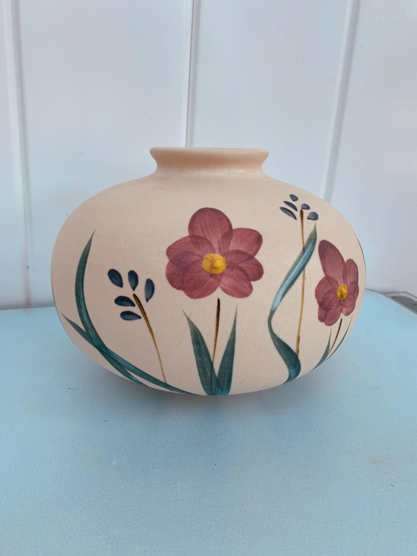 Beautiful Medium Vintage Laurentienne St Jerome Hand Painted Round  Pottery Vase Made in Canada