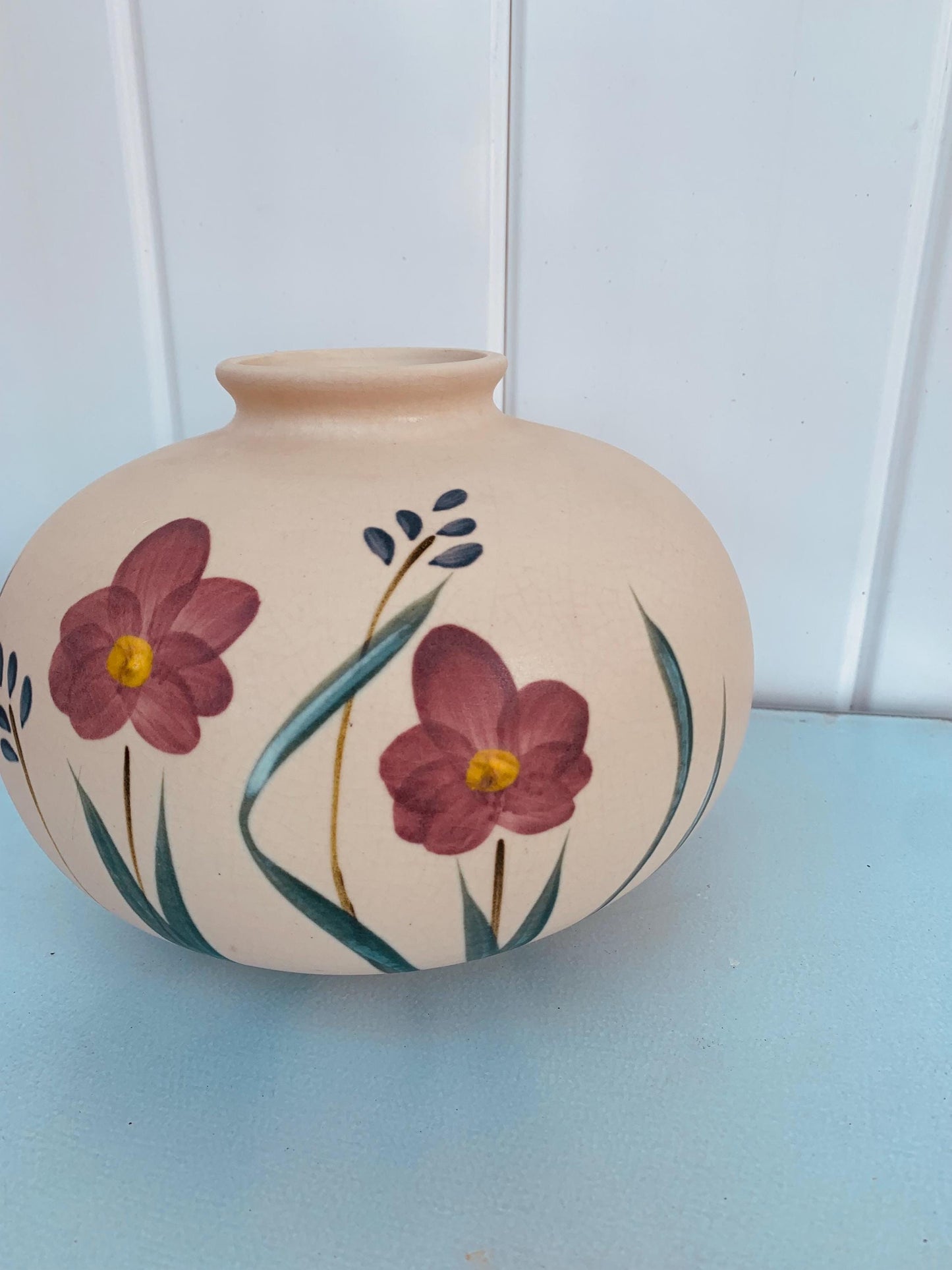 Beautiful Medium Vintage Laurentienne St Jerome Hand Painted Round  Pottery Vase Made in Canada
