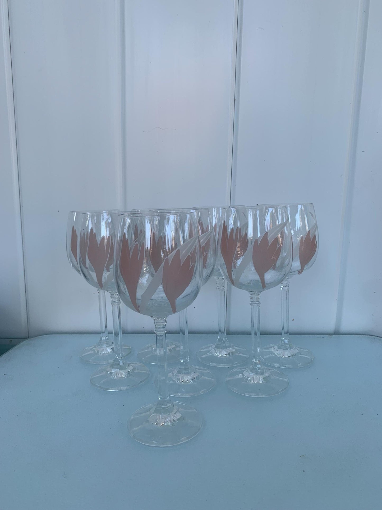 Set of 8 Vintage Czechoslovakian Bohemian Hand Painted Pink Tulip Crystal Wine Glasses