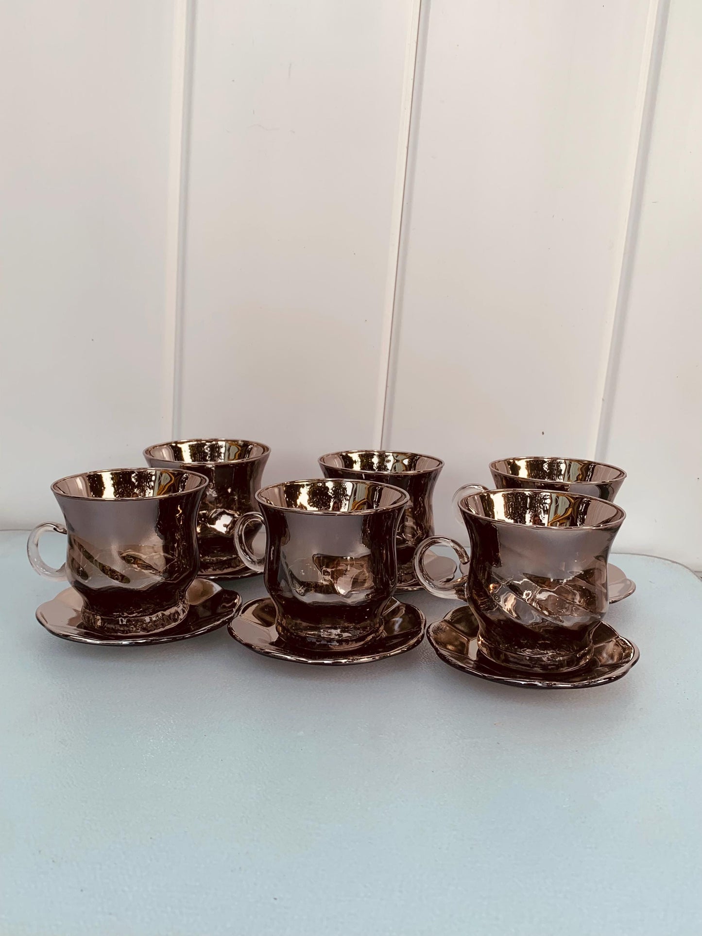 Set of 6 Vintage Silver Fade Glass Cups & Saucers