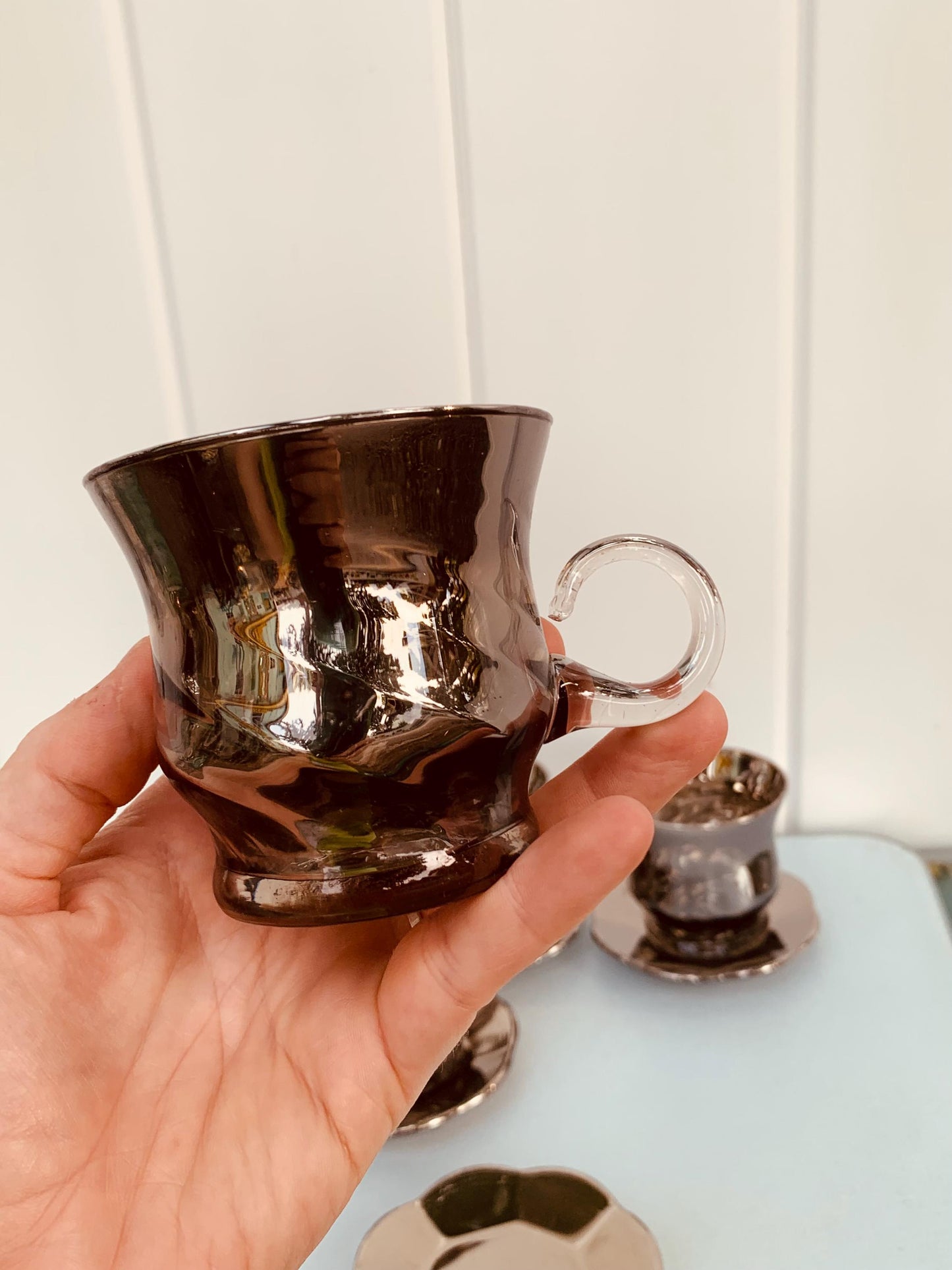 Set of 6 Vintage Silver Fade Glass Cups & Saucers