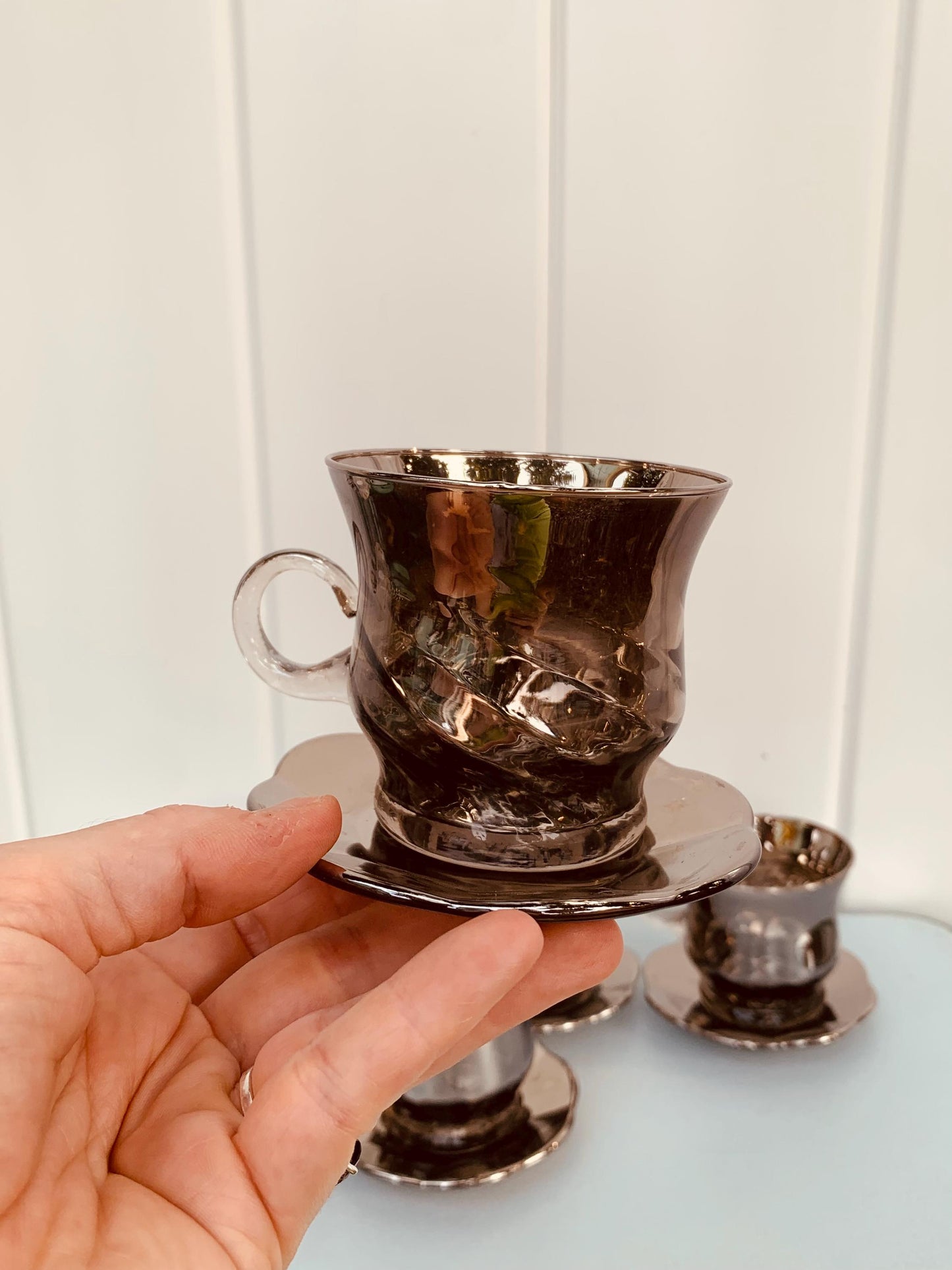 Set of 6 Vintage Silver Fade Glass Cups & Saucers
