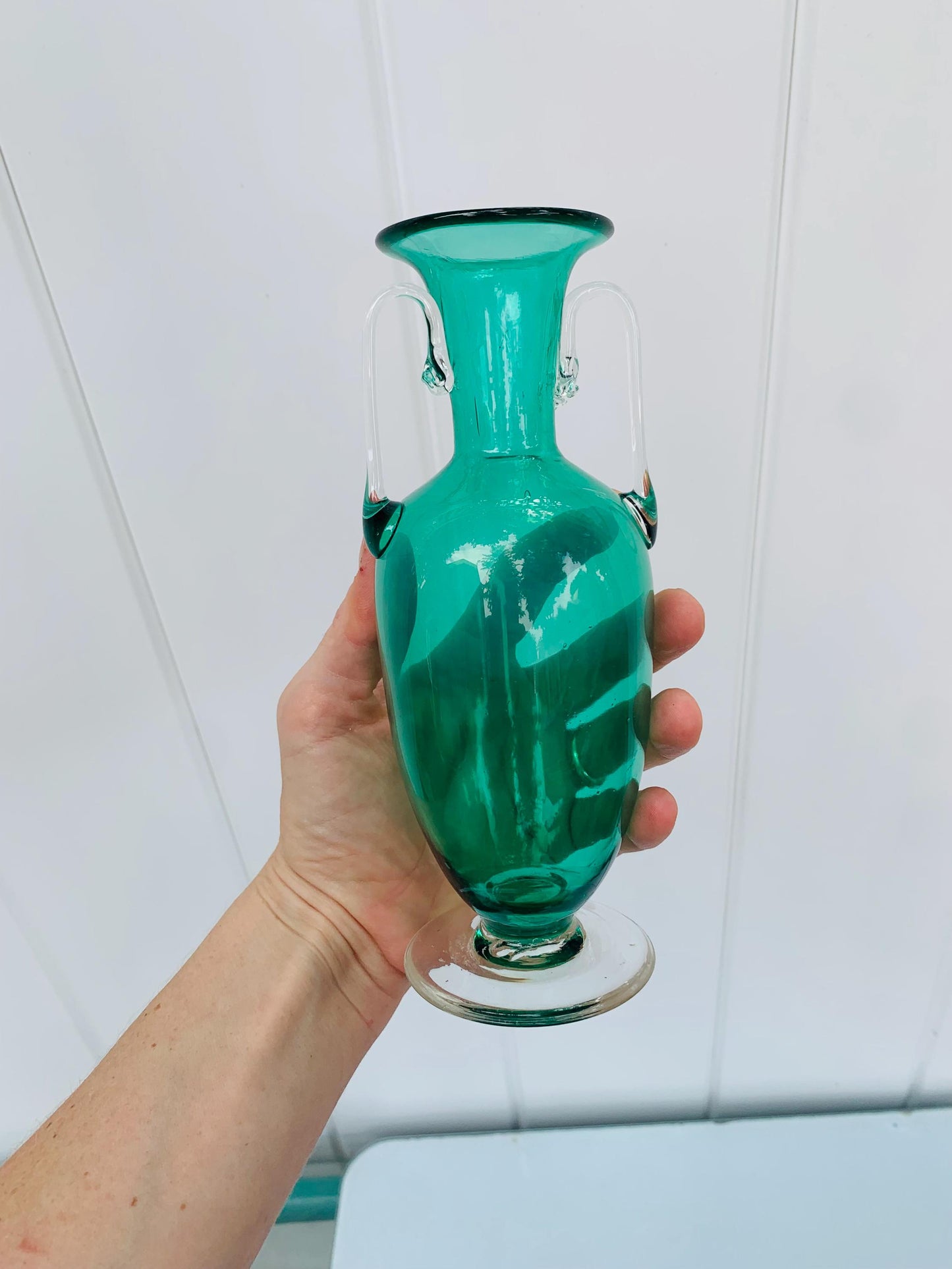 Vintage Small Handblown Jade Glass Double Handle Vase