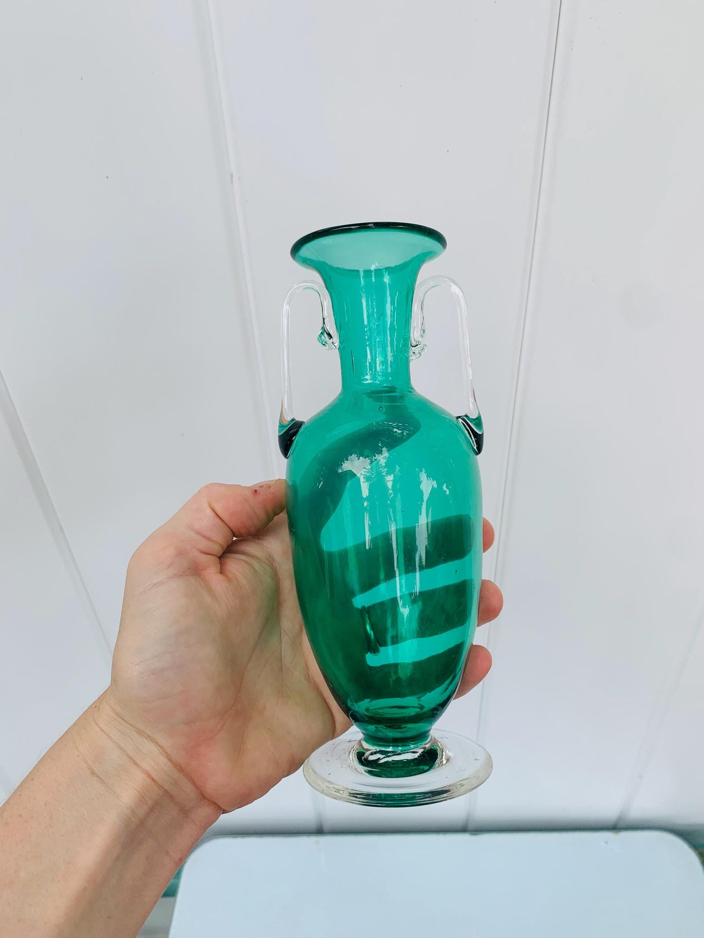 Vintage Small Handblown Jade Glass Double Handle Vase
