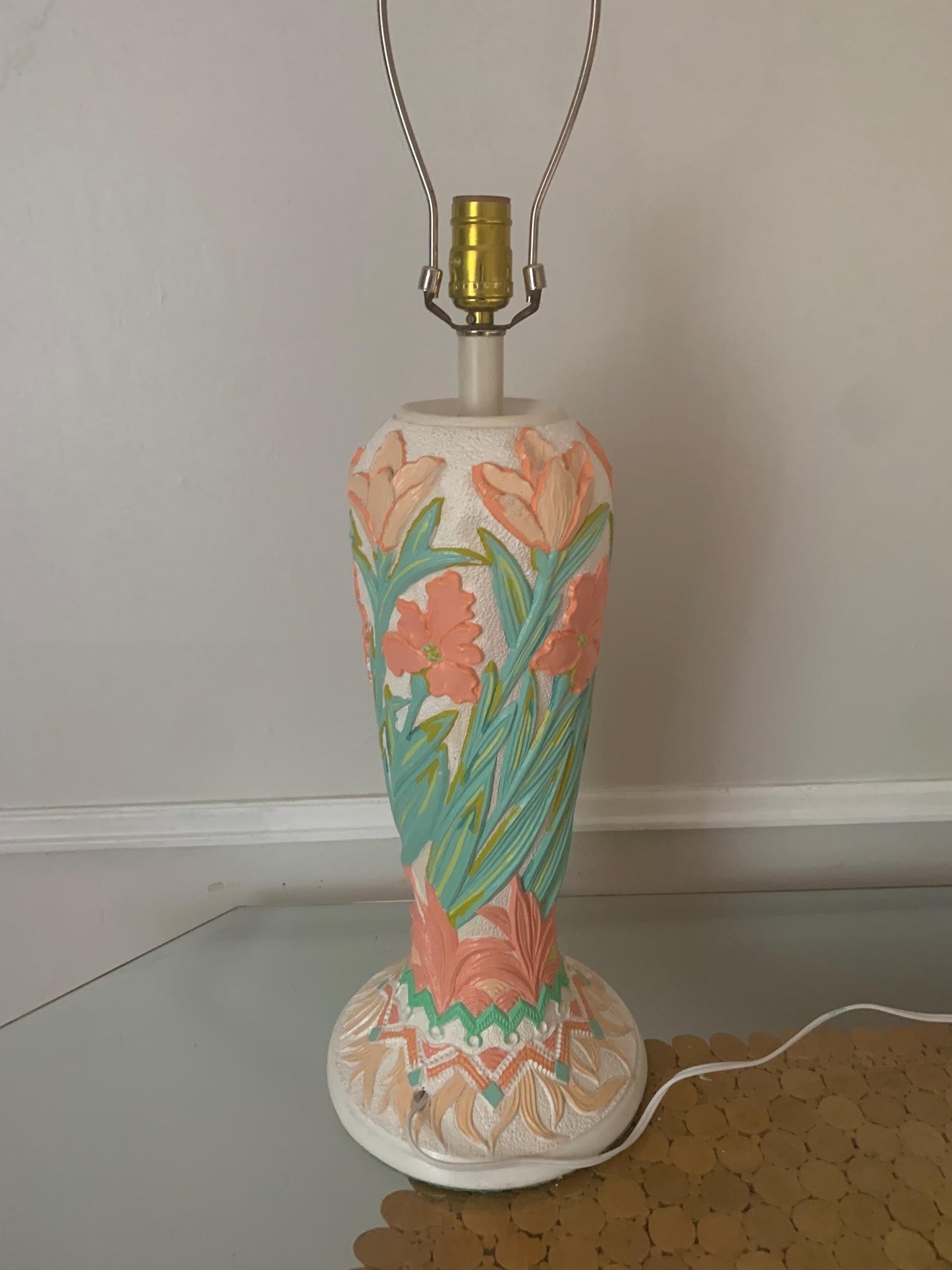 Retro Extra Tall Green and Pink Floral Plaster Table Lamp No Shade