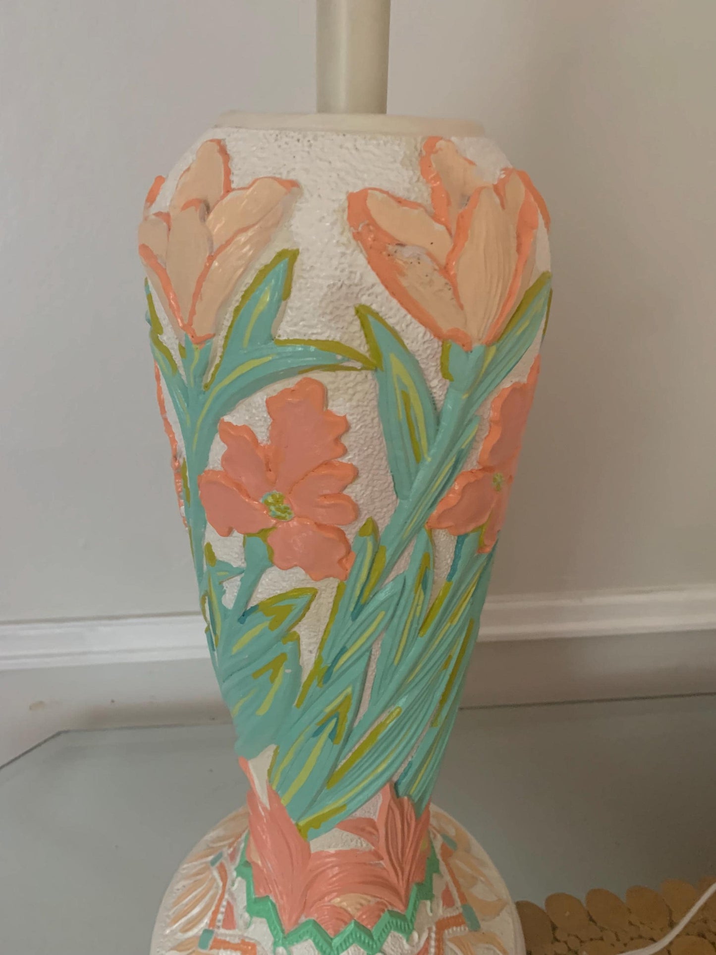 Retro Extra Tall Green and Pink Floral Plaster Table Lamp No Shade