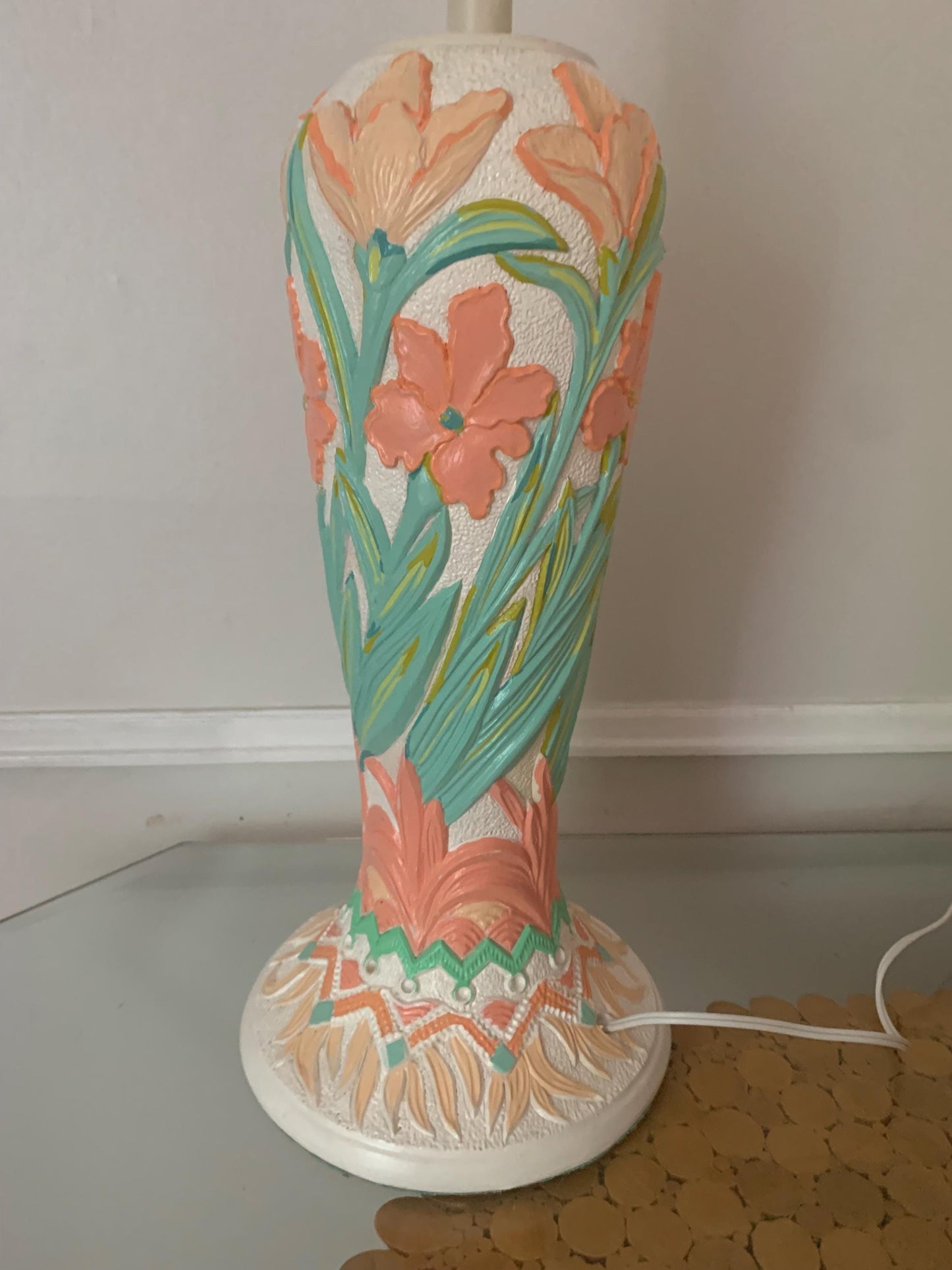 Retro Extra Tall Green and Pink Floral Plaster Table Lamp No Shade
