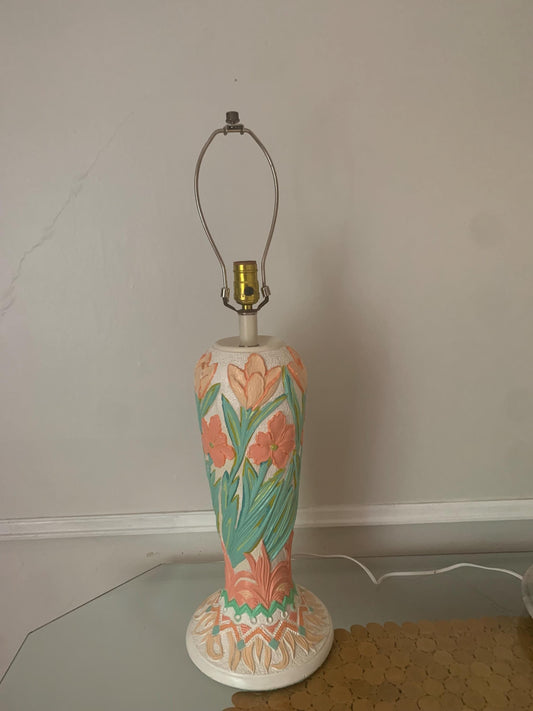Retro Extra Tall Green and Pink Floral Plaster Table Lamp No Shade