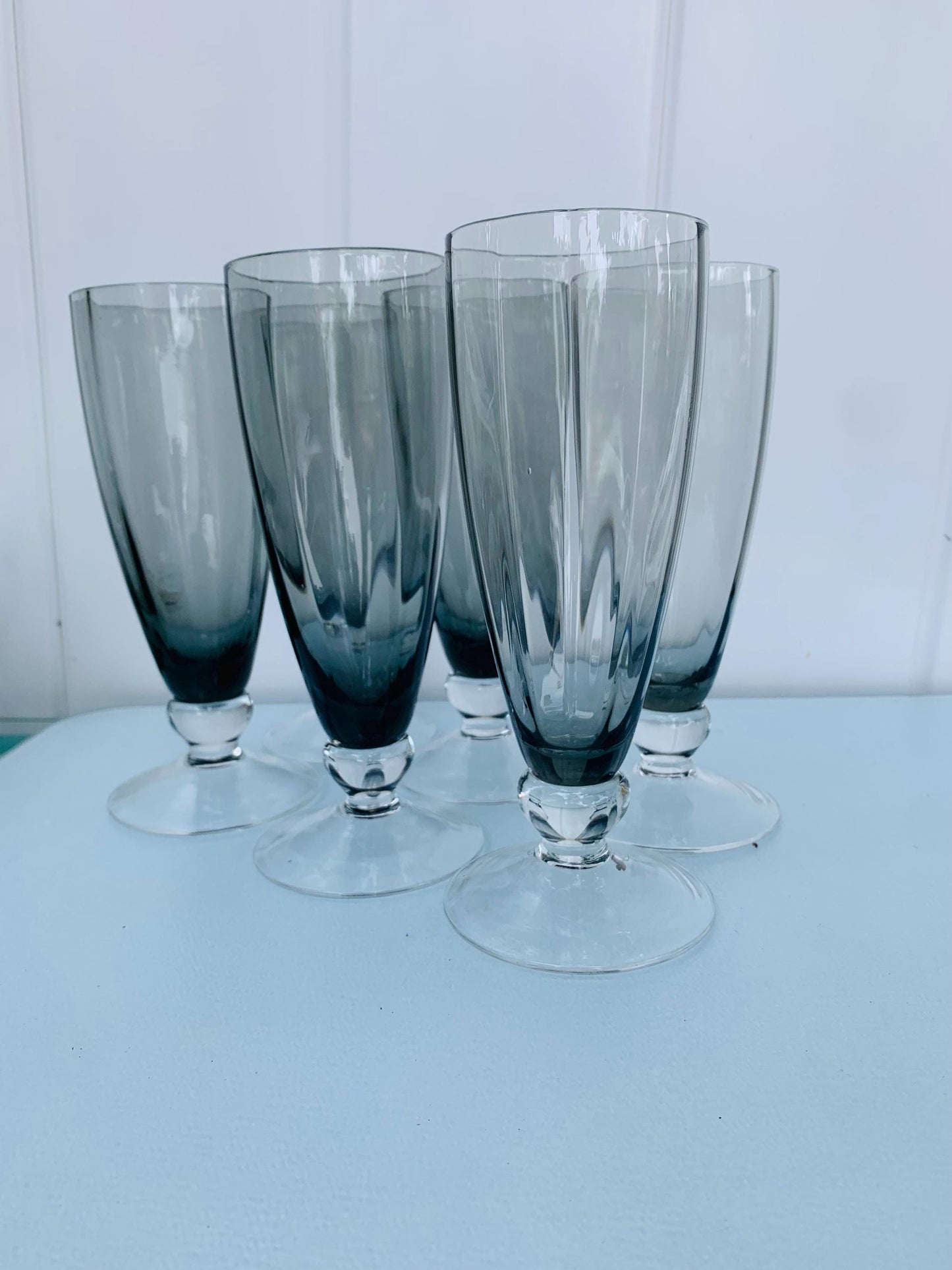 Set of 6 MCM Short Smokey Gray Footed Highball Glasses