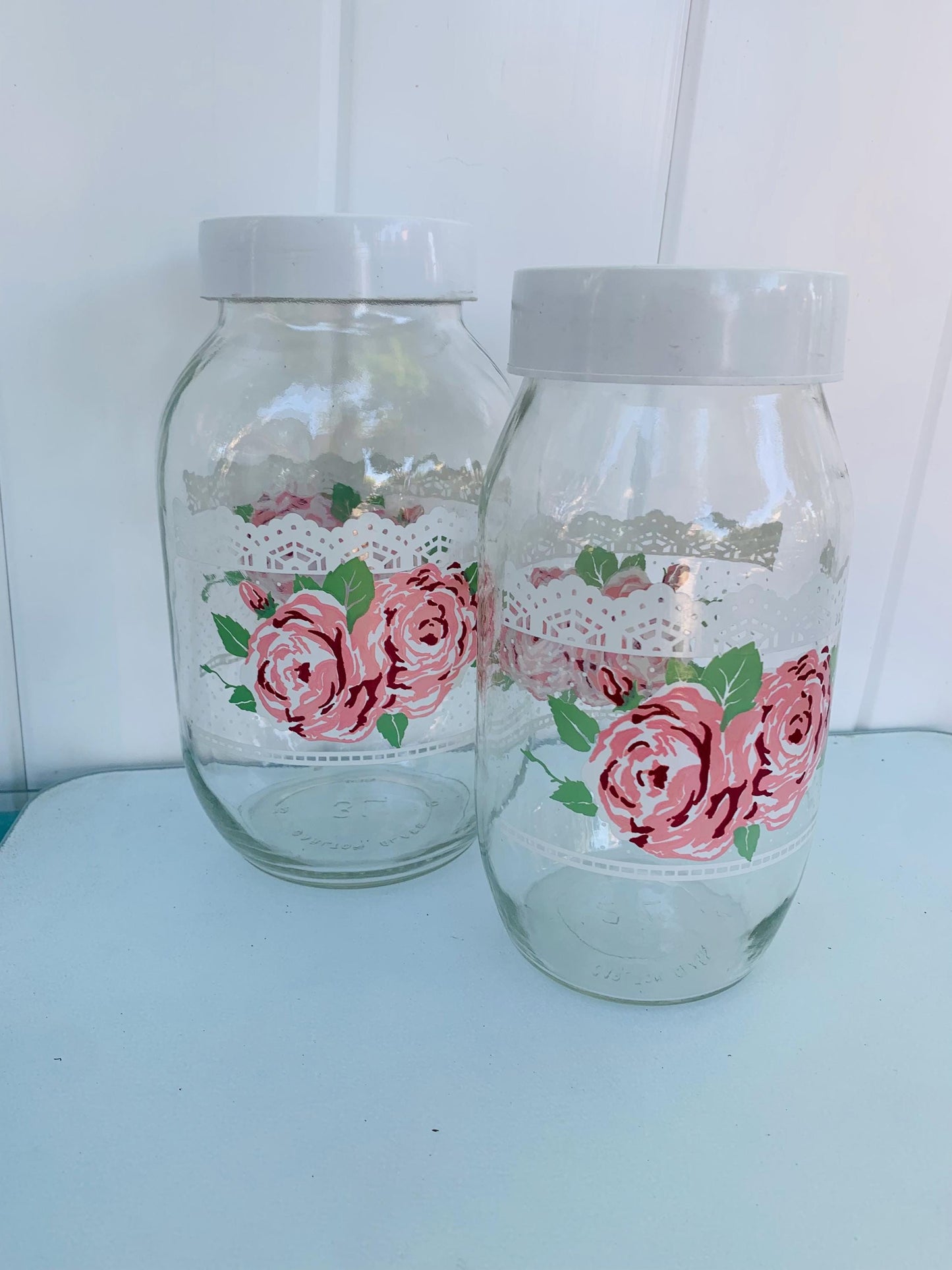 Pair of Tall Retro Carlton Glass Floral 2L and 3 L Jars with White Lid Made in USA