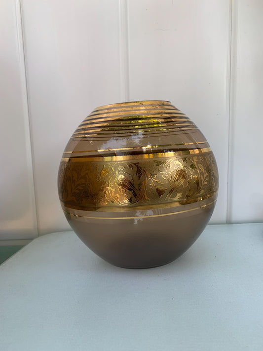 Vintage Medium Smokey Brown Round Glass Vase with Gold Detail
