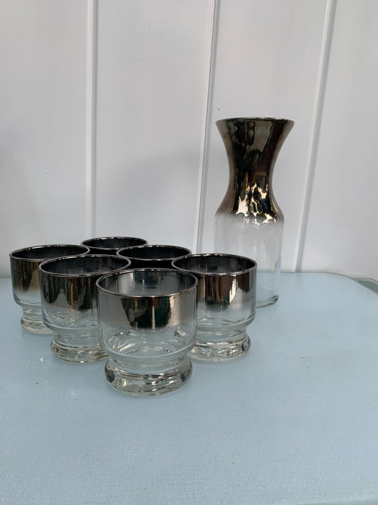 Set of 6 Low Ball MCM  Silver Fade Glasses with Decanter