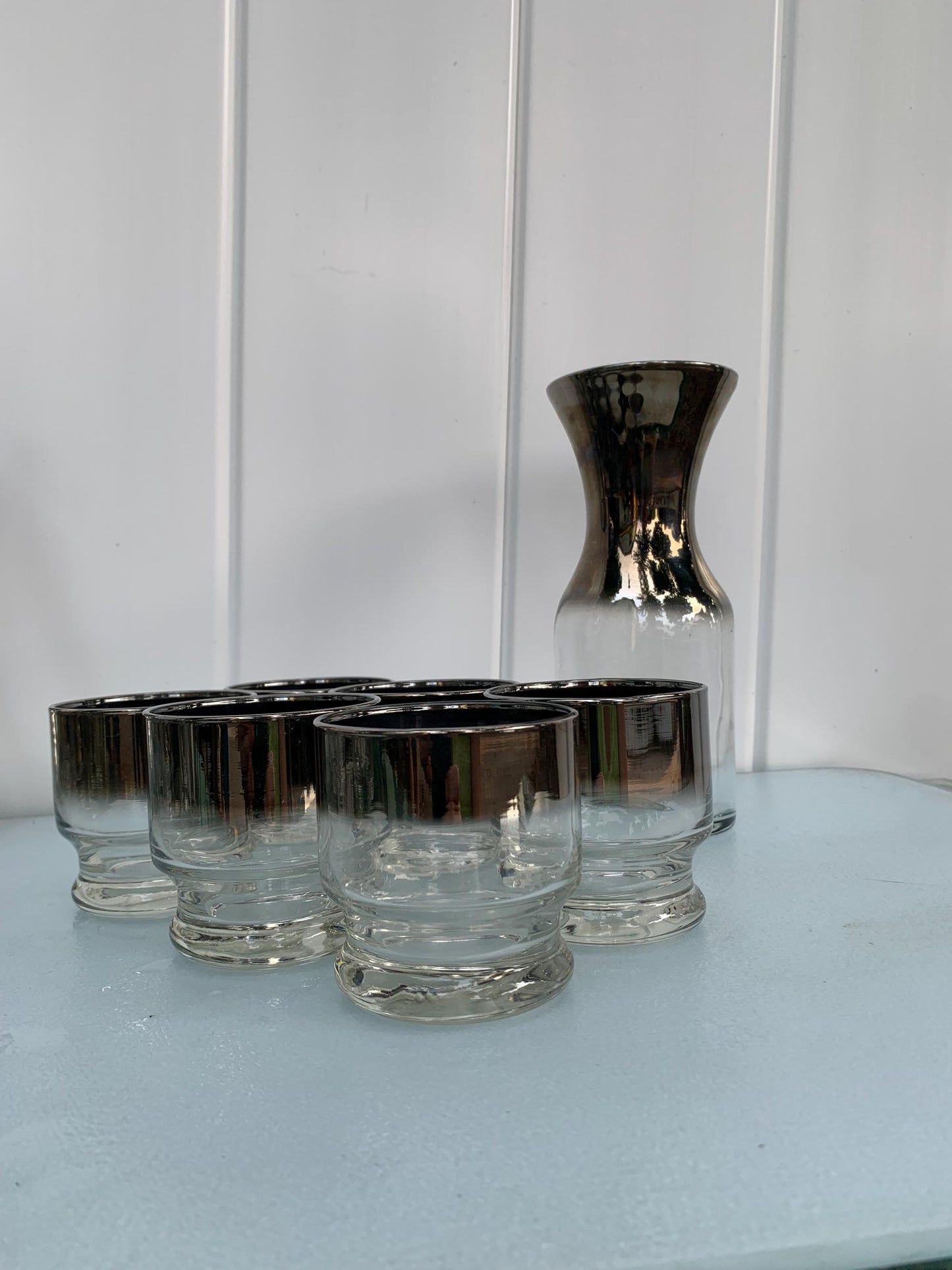 Set of 6 Low Ball MCM  Silver Fade Glasses with Decanter