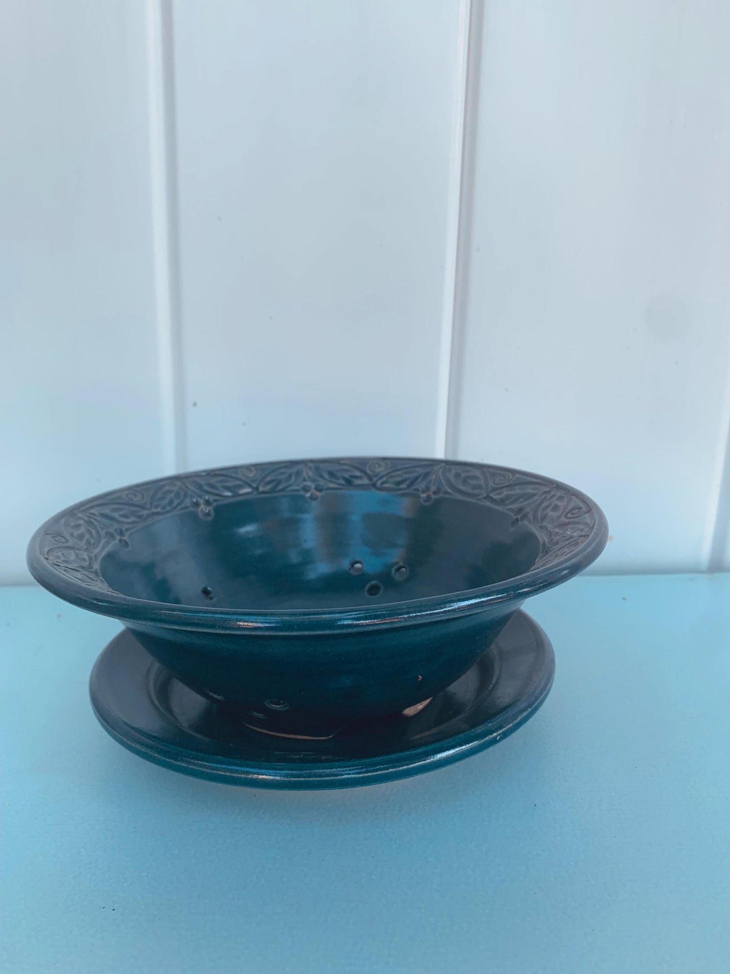 Pair of Studio Pottery Blue Sieve Bowl & Plate Pottery Set